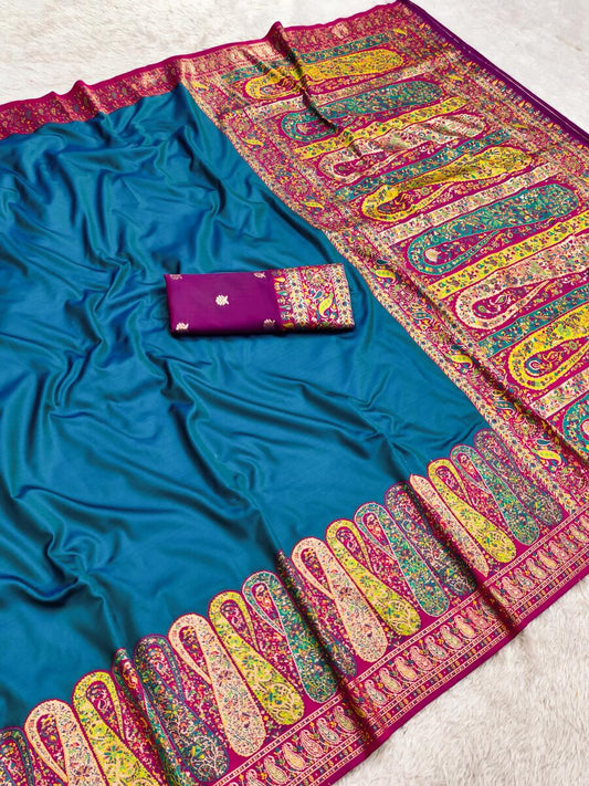 Dulcet Rama Nylon Dola Pashmina Saree With Twirling Blouse Piece