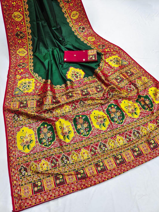 Beleaguer Dark Green Pashmina Silk Saree With Flamboyant Blouse Piece