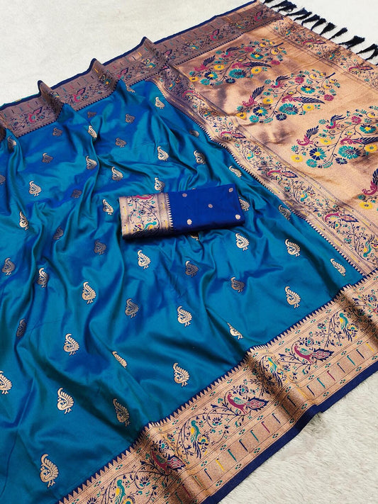 Eloquence Blue Paithani Silk Saree With Traditional Blouse Piece