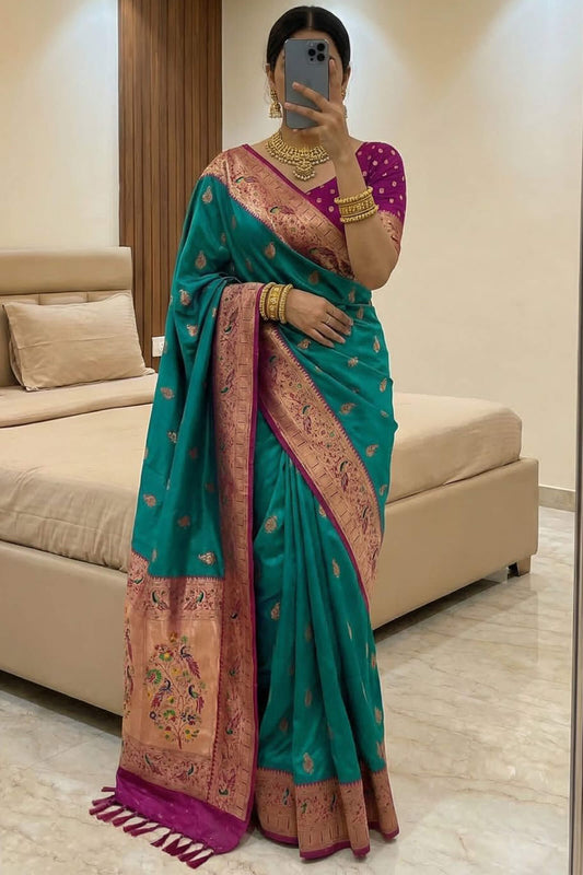 Unique Green Paithani Silk Saree With Diaphanous Blouse Piece