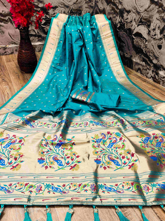 Staring Firozi Paithani Silk Saree With Ethnic Blouse Piece