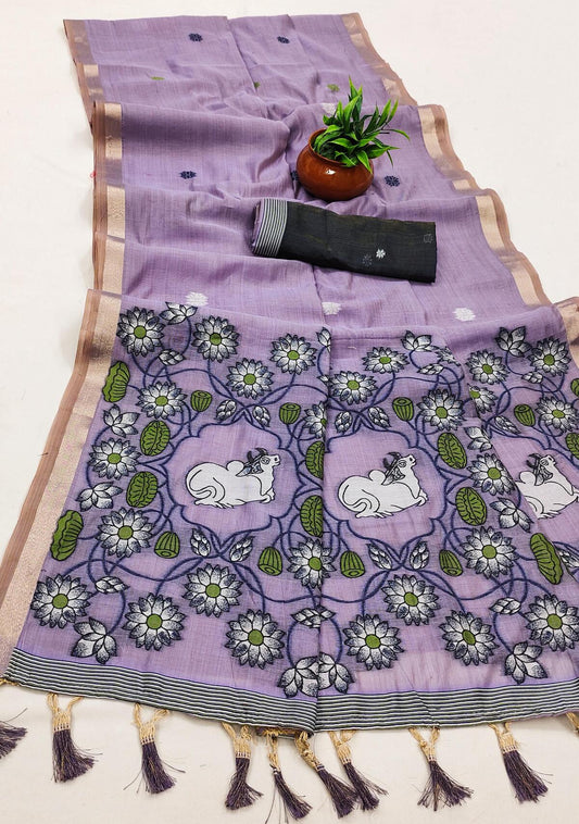 Unique Lavender Pure Munga Cotton Silk Saree With Diaphanous Blouse Piece