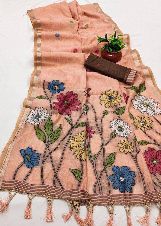 Designer Peach Pure Munga Cotton Silk Saree With Adorning Blouse Piece