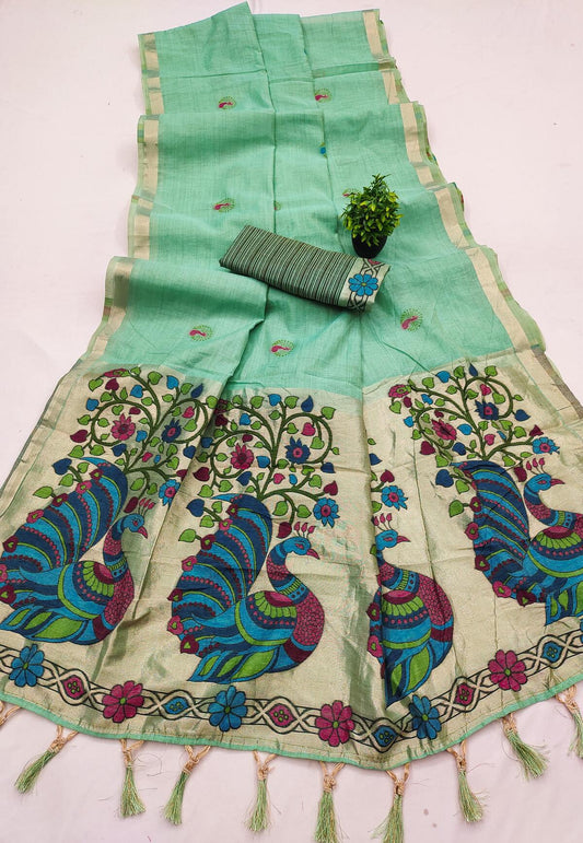 Staring Turquoise Pure Munga Cotton Silk Saree With Precious Blouse Piece