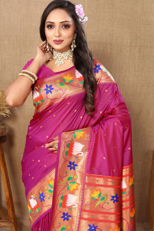 Fairytale Dark Pink Paithani Silk Saree With Beauteous Blouse Piece