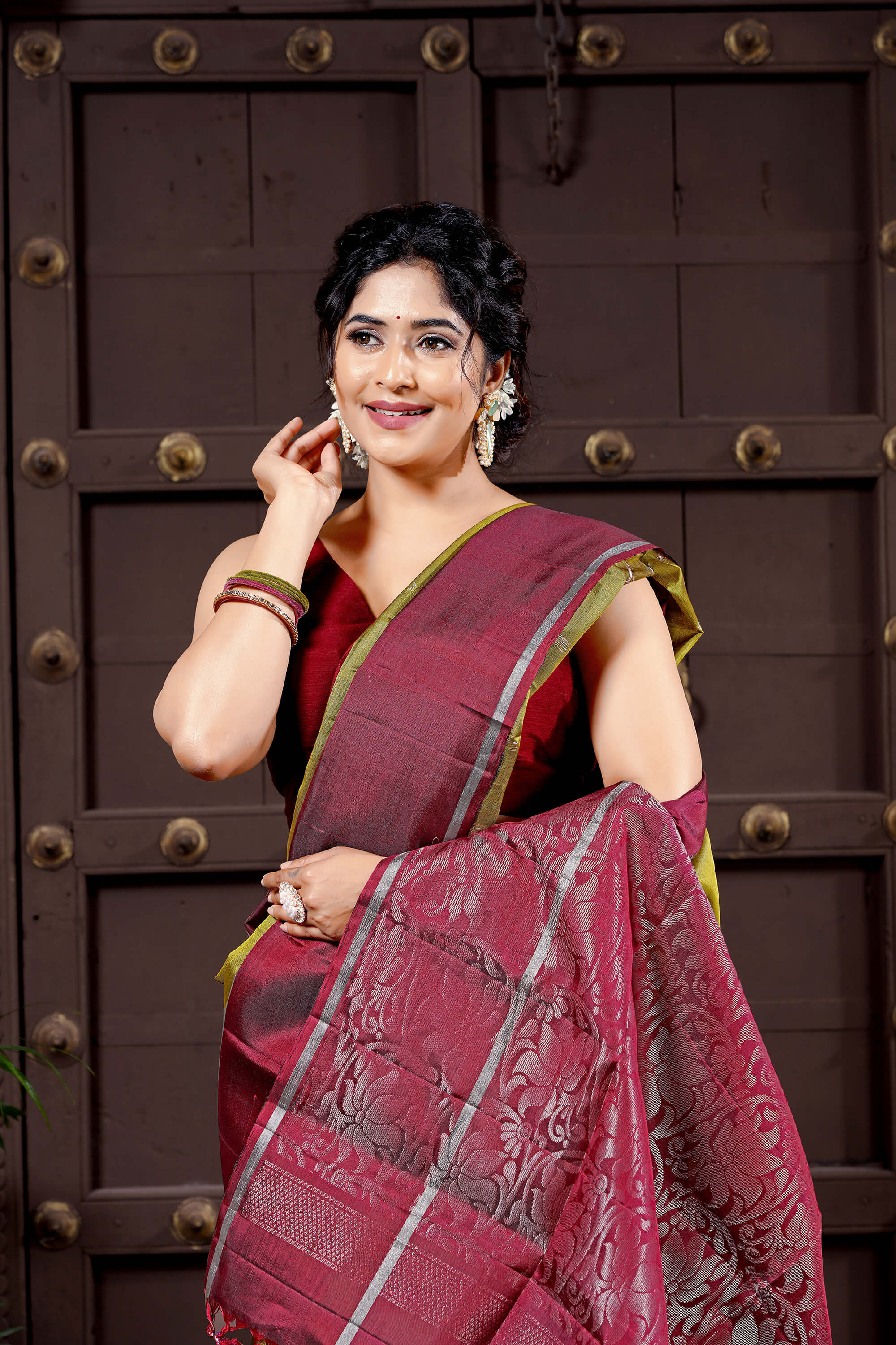 Olive Green and Maroon Pure Soft Silk Handloom Saree