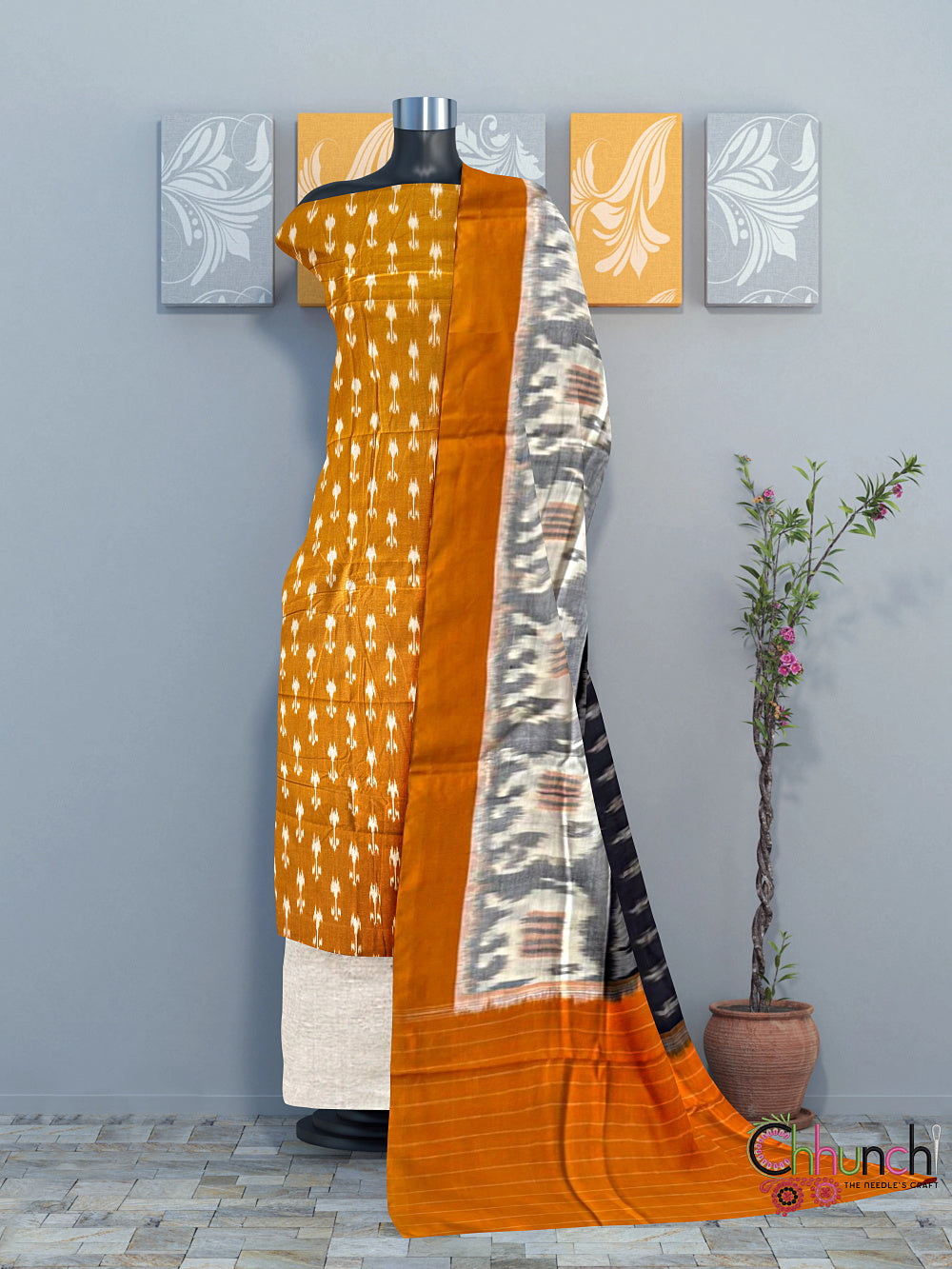 Mustard Yellow and Beige Ikkat Handloom Cotton Dress Material