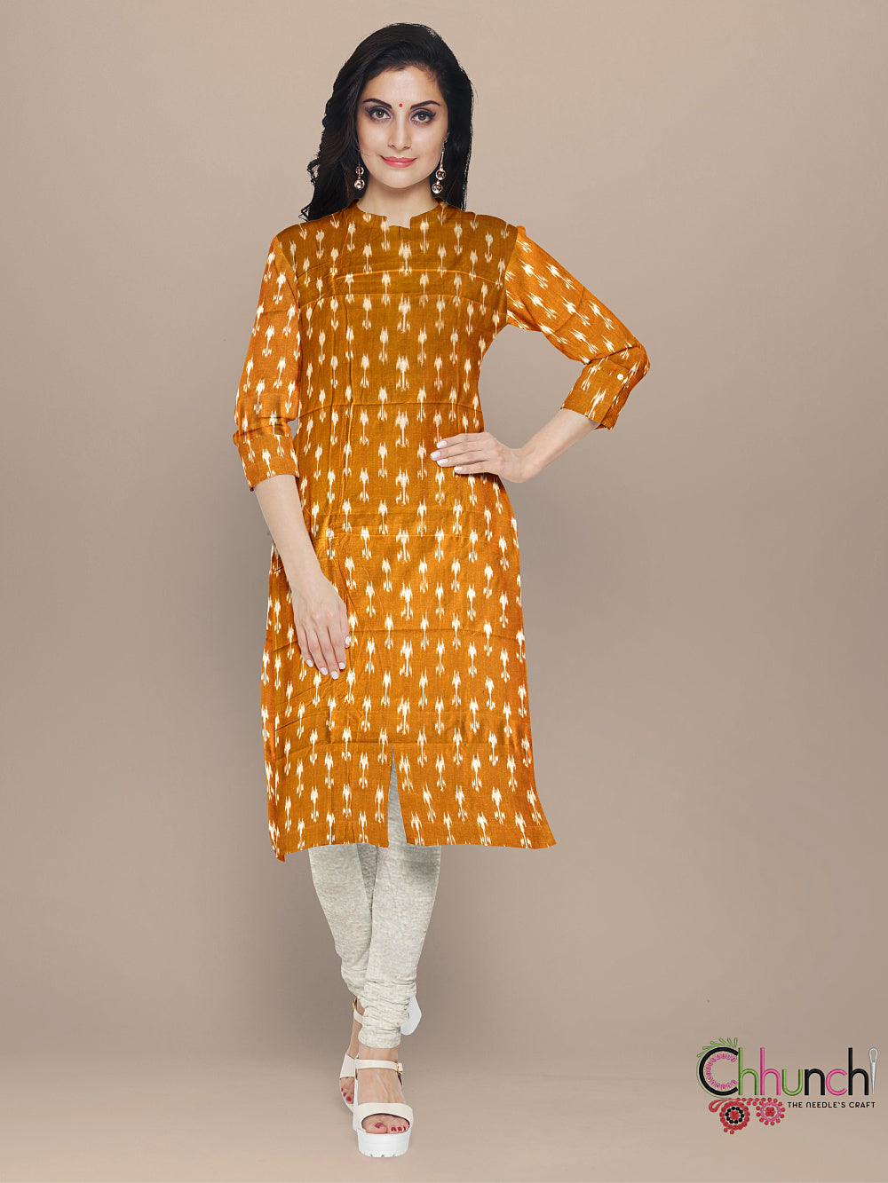 Mustard Yellow and Beige Ikkat Handloom Cotton Dress Material