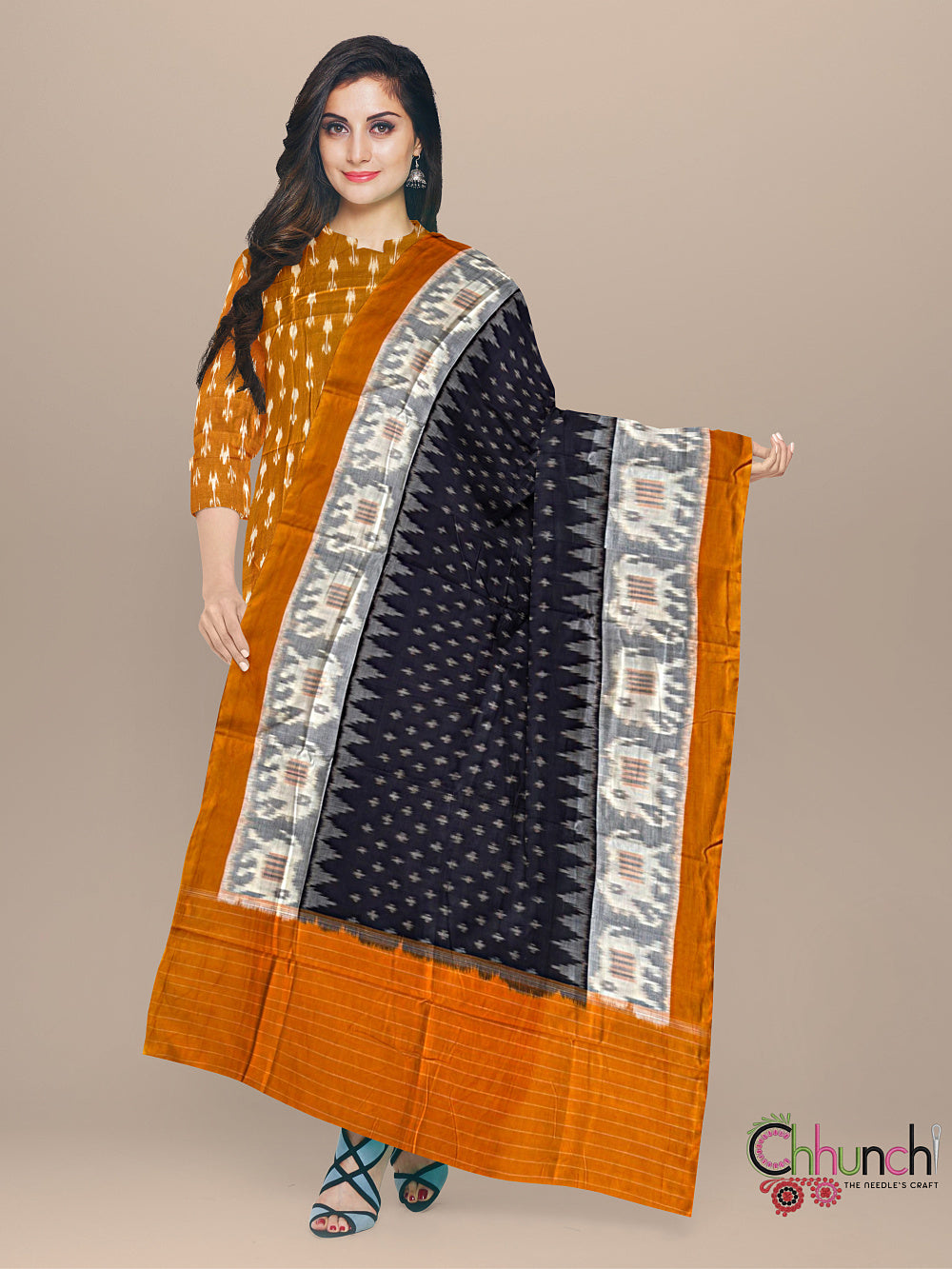 Mustard Yellow and Beige Ikkat Handloom Cotton Dress Material