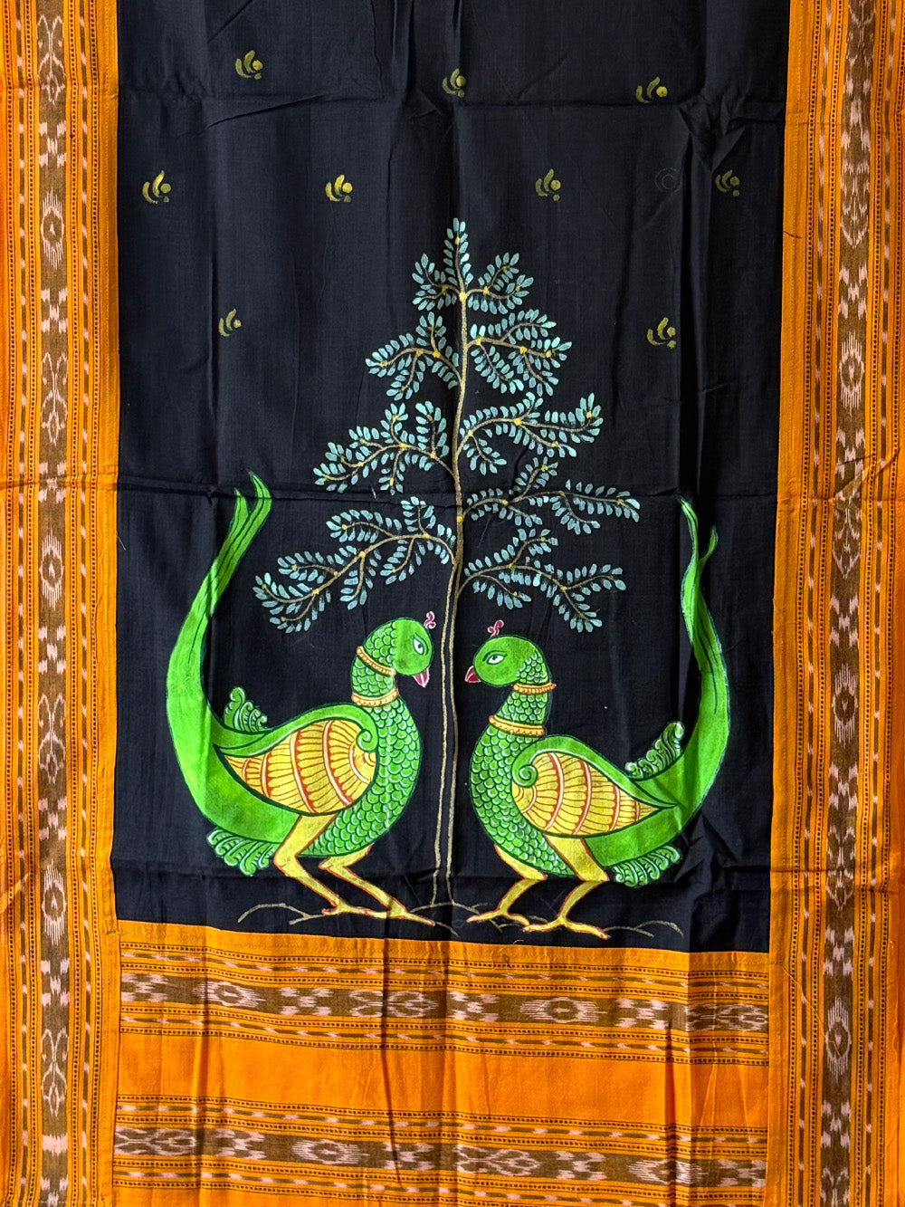 Mustard Yellow and Black Hand Painted Pattachitra Dress Material with Patchwork Dupatta