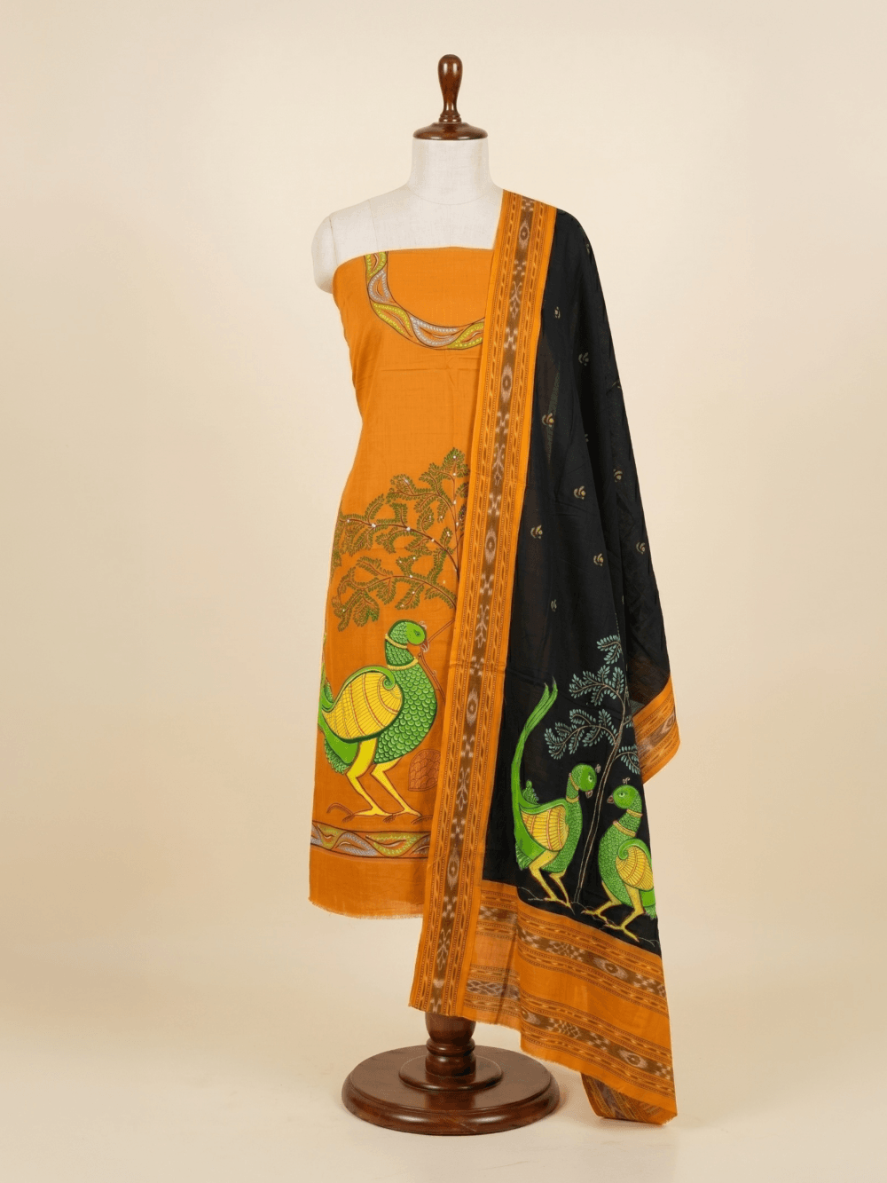 Mustard Yellow and Black Hand Painted Pattachitra Dress Material with Patchwork Dupatta