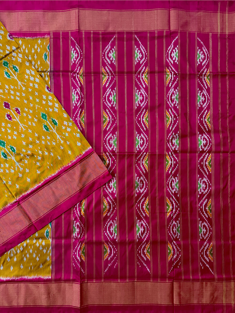 Mustard Yellow and Pink Pochampally Pure Silk Handloom Saree
