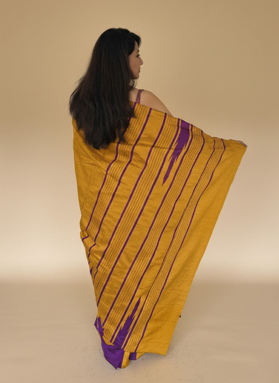 Mustard Yellow and Purple Pure Raw Silk Handloom Saree with Temple Border