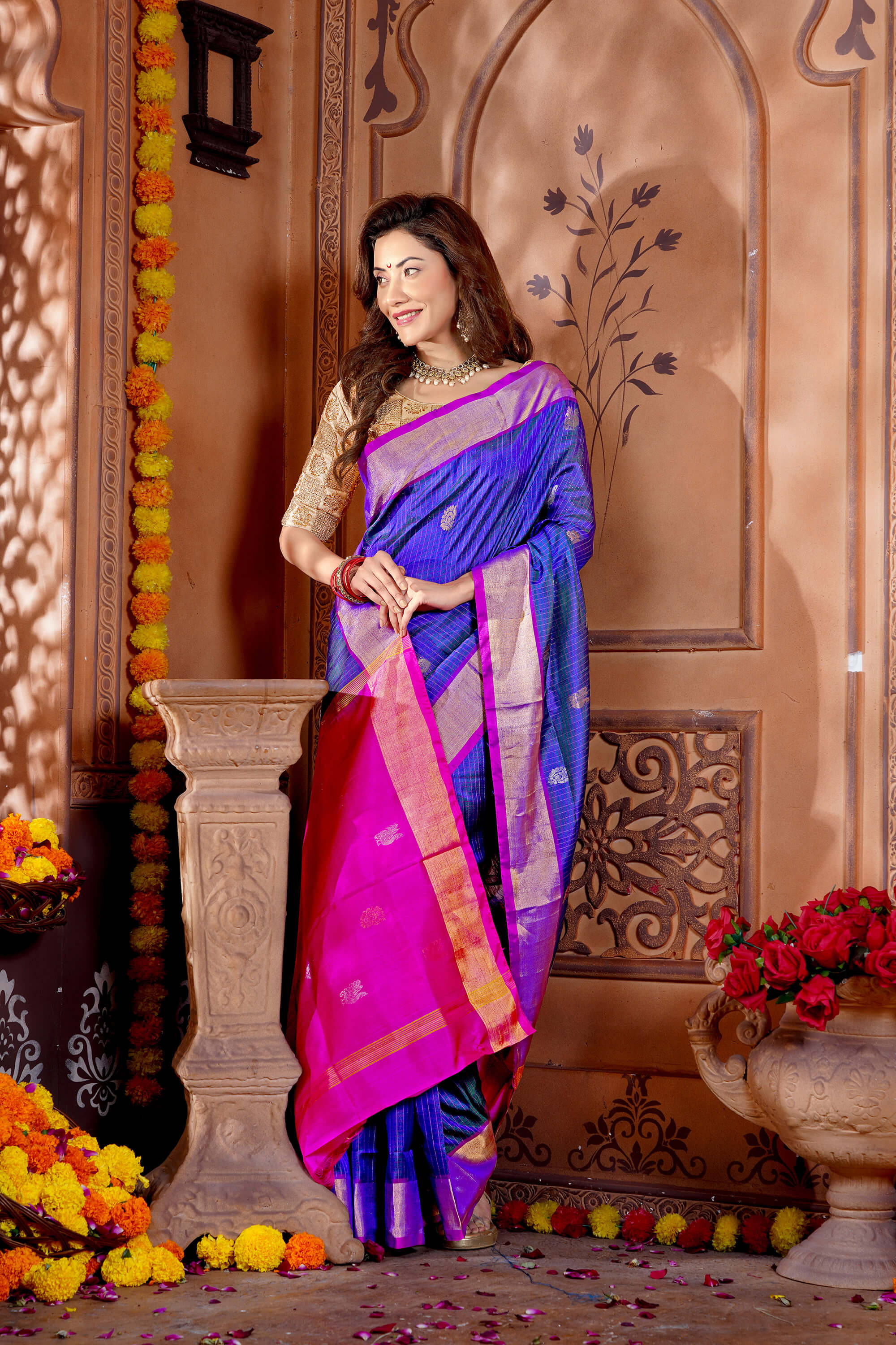 Navy Blue and Pink Pure Silk Uppada Handloom Saree with Checks & Butta Design
