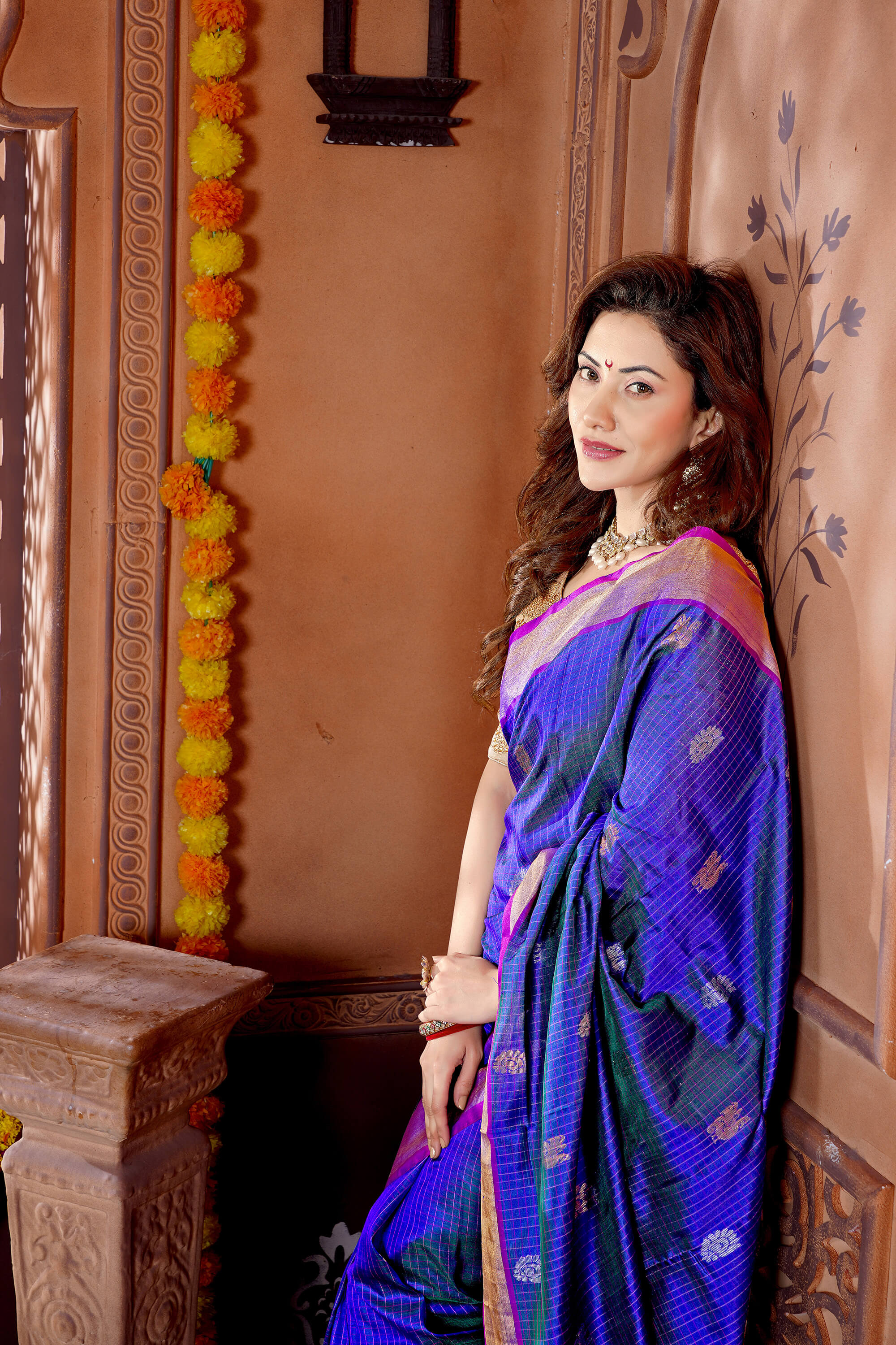Navy Blue and Pink Pure Silk Uppada Handloom Saree with Checks & Butta Design