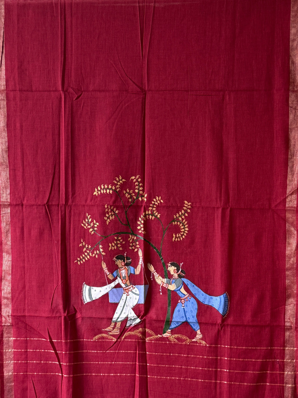 Olive Green and Red Raja Theme Hand Painted Pattachitra Dress Material