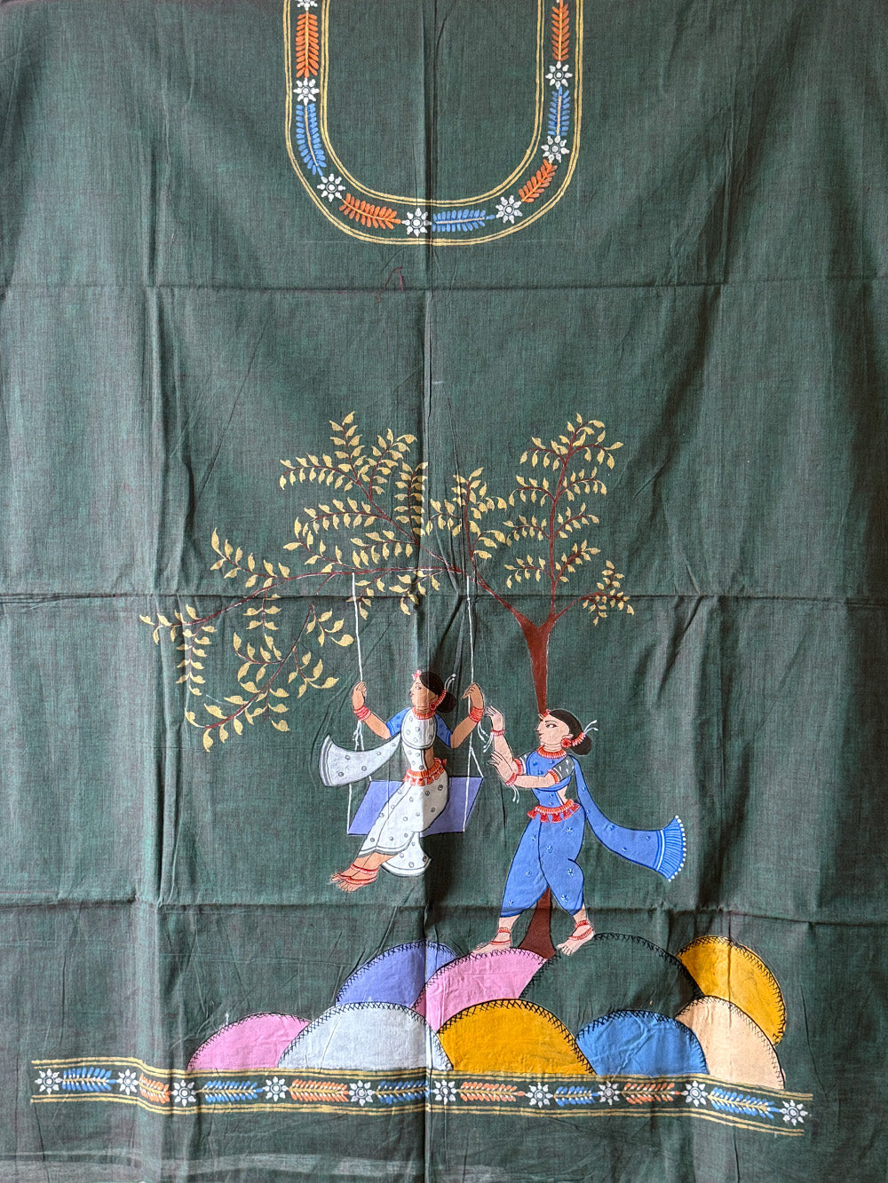 Olive Green and Red Raja Theme Hand Painted Pattachitra Dress Material