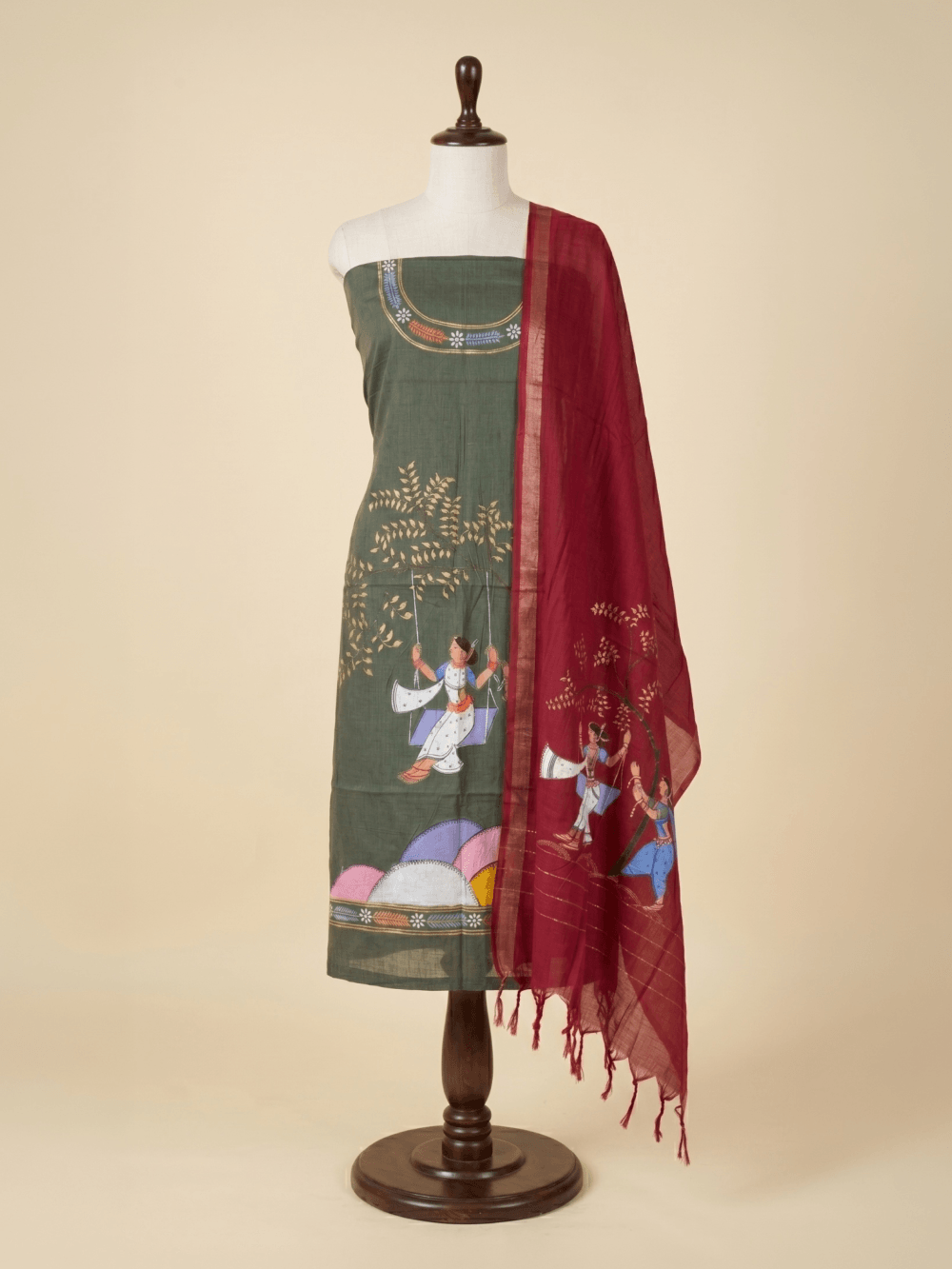 Olive Green and Red Raja Theme Hand Painted Pattachitra Dress Material