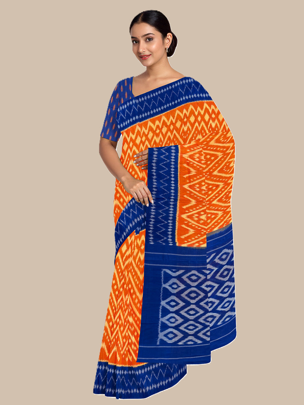 Orange and Blue Pochampally Mercerised Cotton Handloom Saree in Ikkat Pattern