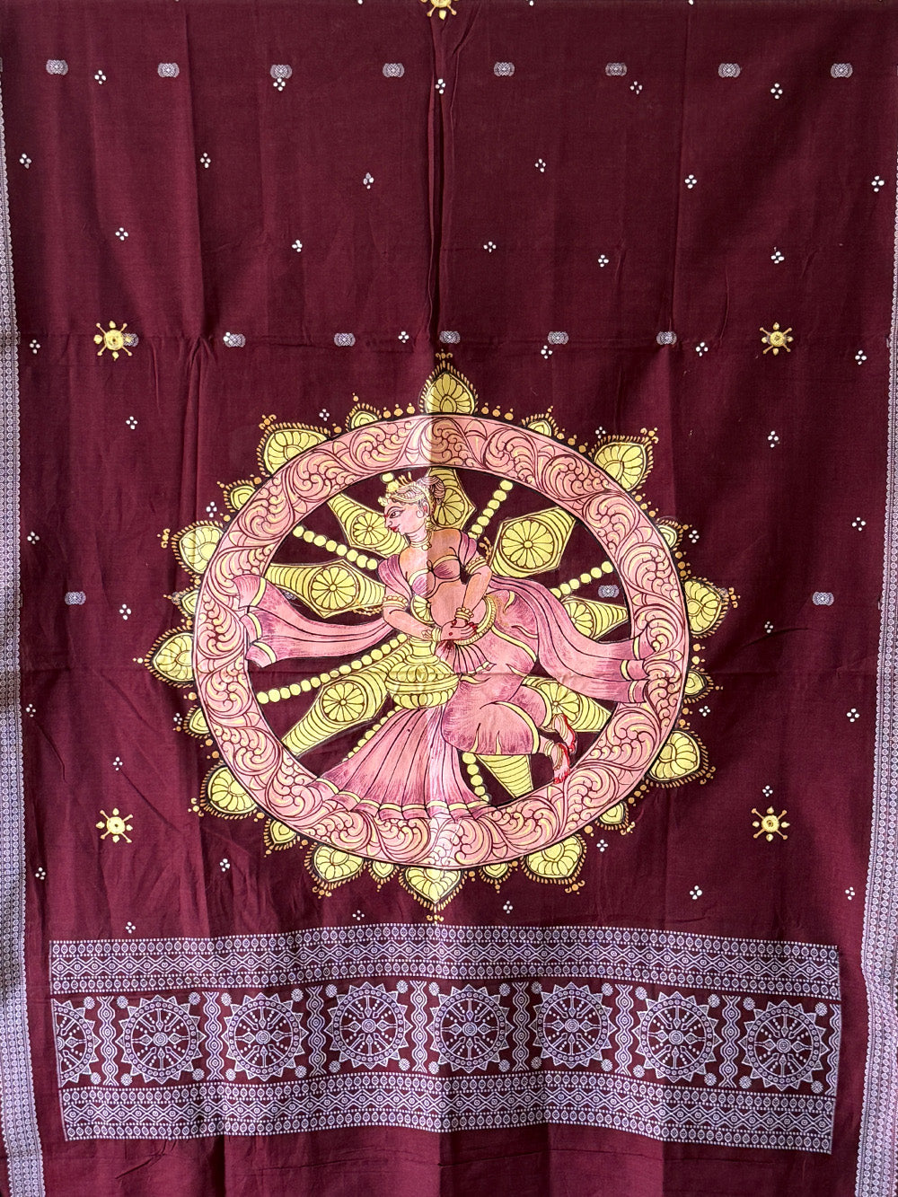 Peach Cream and Maroon Nartaki Theme Hand Painted Pattachitra Dress Material