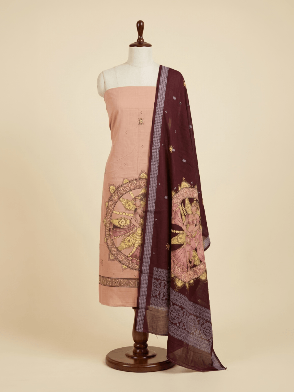 Peach Cream and Maroon Nartaki Theme Hand Painted Pattachitra Dress Material