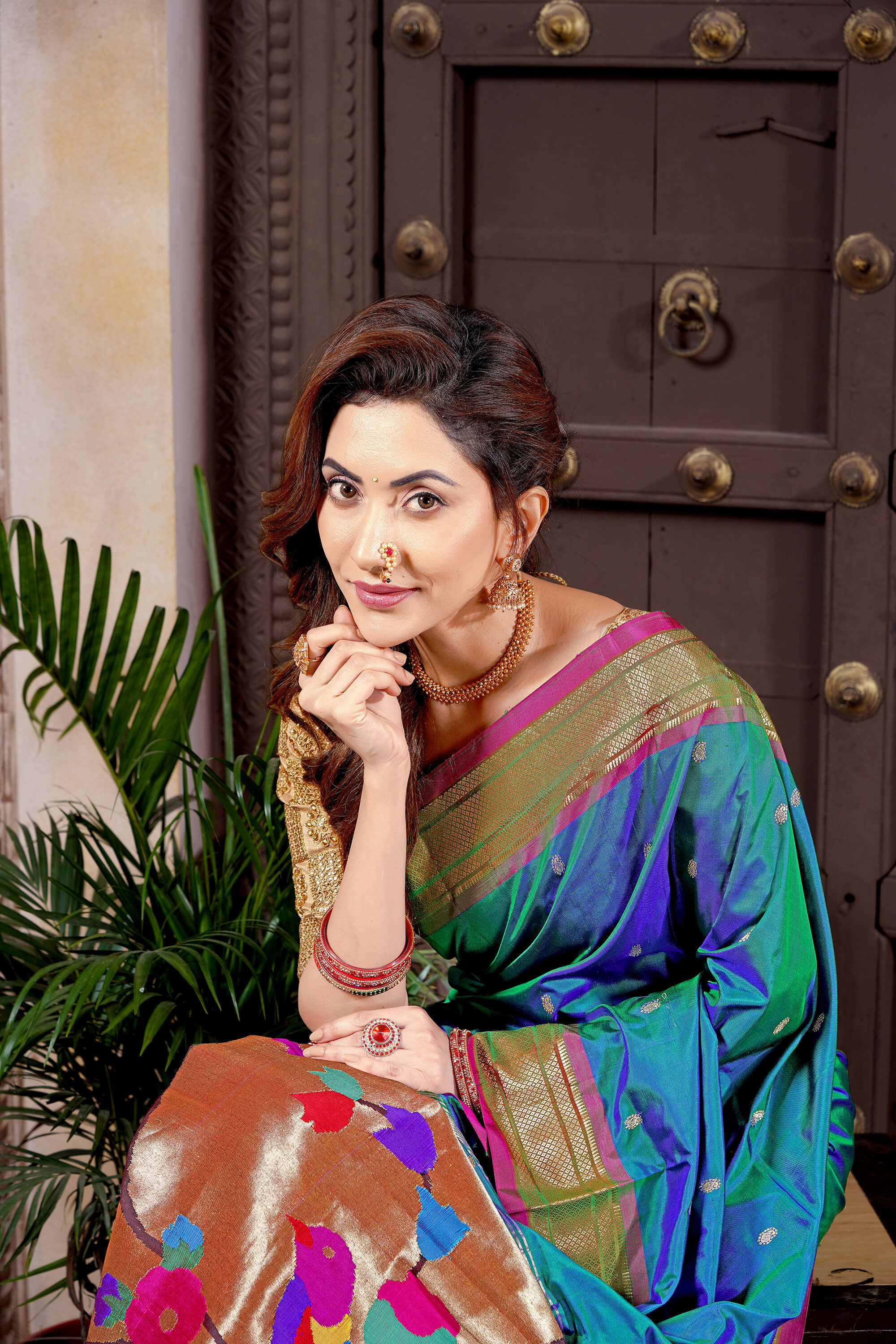 Peacock Green and Blue Dual Tone Pure Silk Paithani Handloom Saree with Double Pallu & Parrot Design