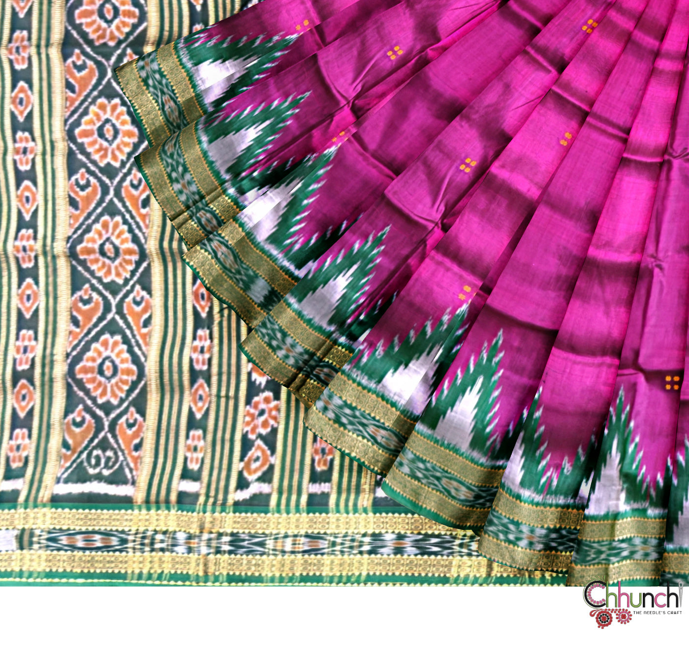 Pink and Green Pure Silk Handloom Khandua Patta Saree