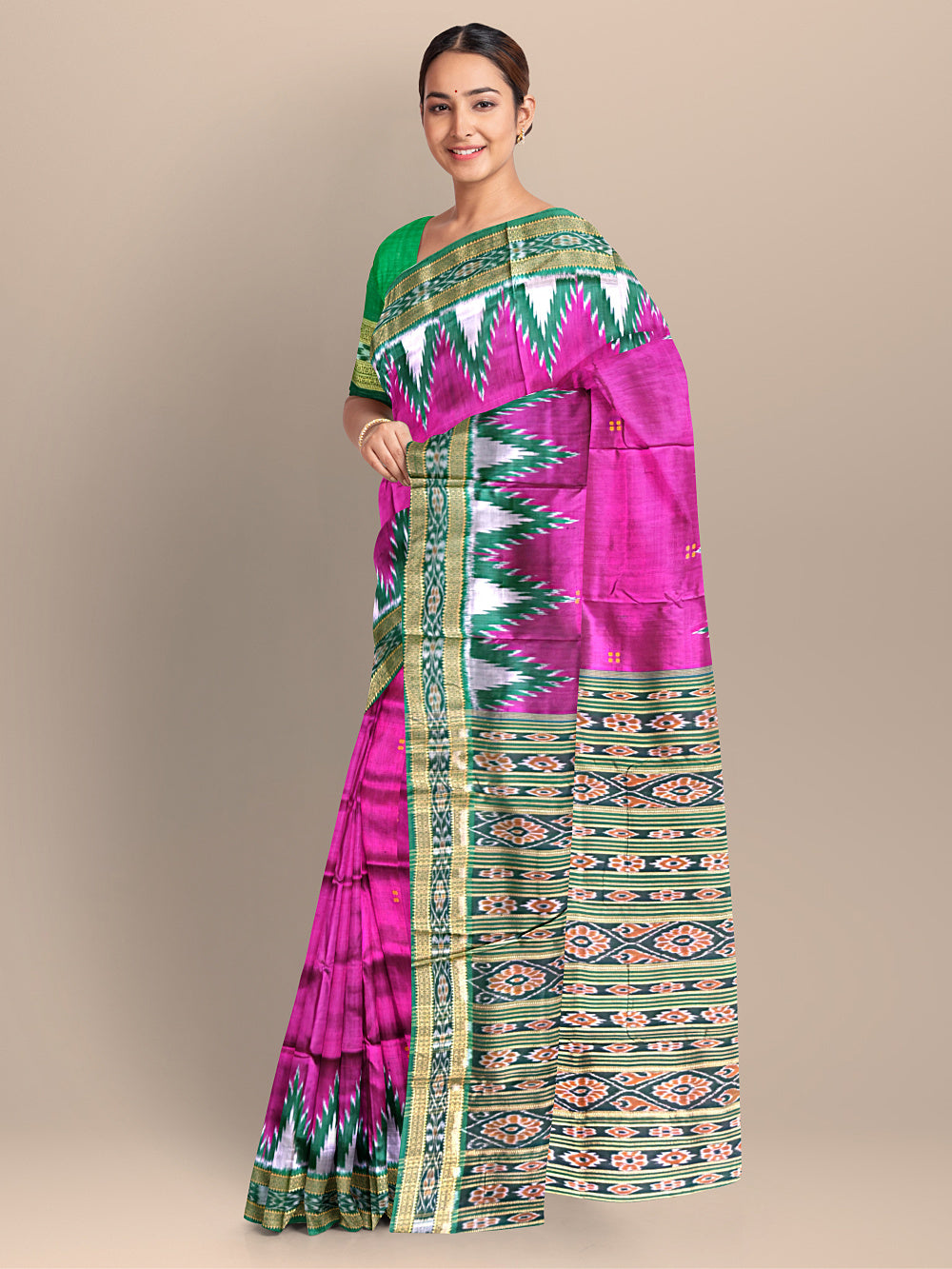 Pink and Green Pure Silk Handloom Khandua Patta Saree