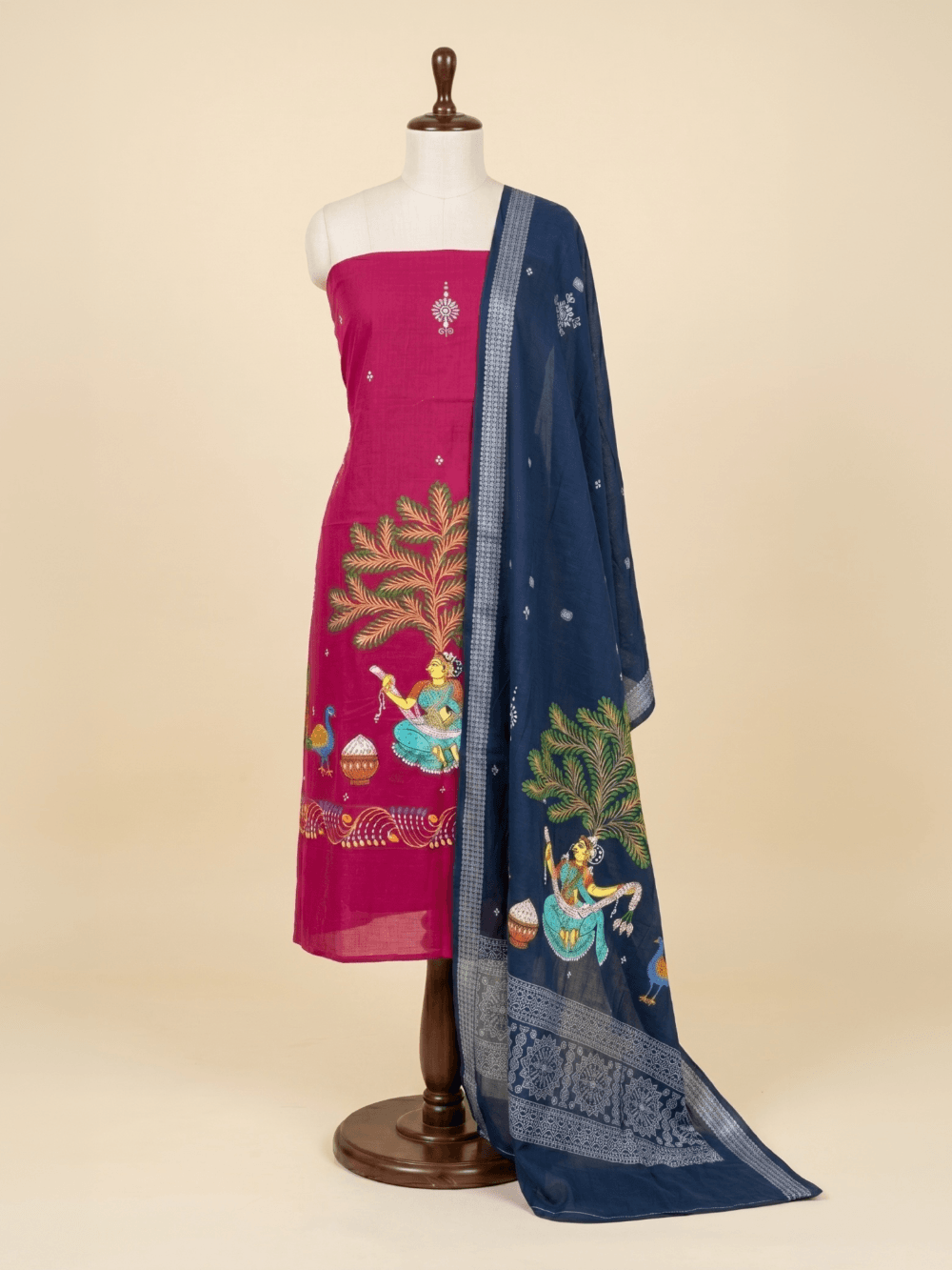 Pink and Blue Hand Painted Pattachitra Dress Material