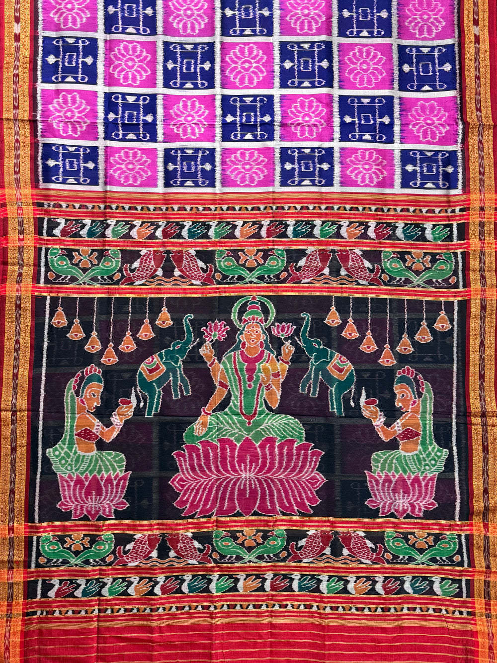 Pink and Blue Pure Silk Handloom Khandua Patta Saree with Goddess Laxmi Motifs
