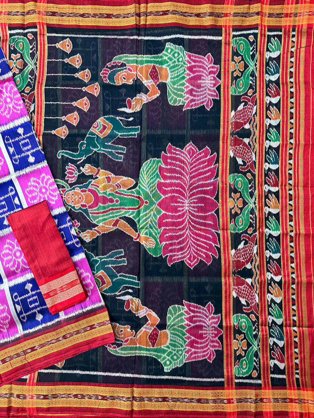 Pink and Blue Pure Silk Handloom Khandua Patta Saree with Goddess Laxmi Motifs