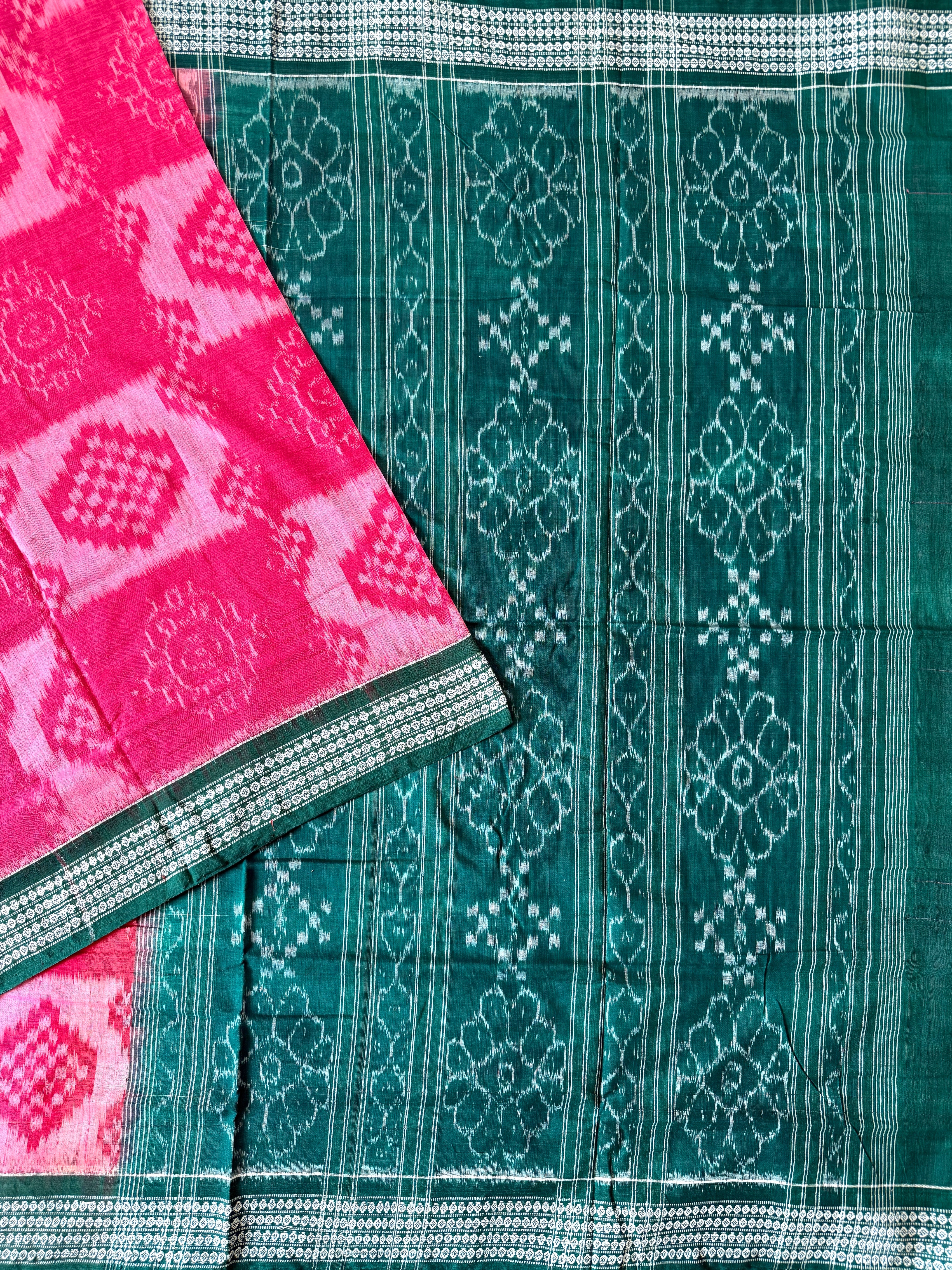 Pink and Green Handloom Cotton Sambalpuri Saree