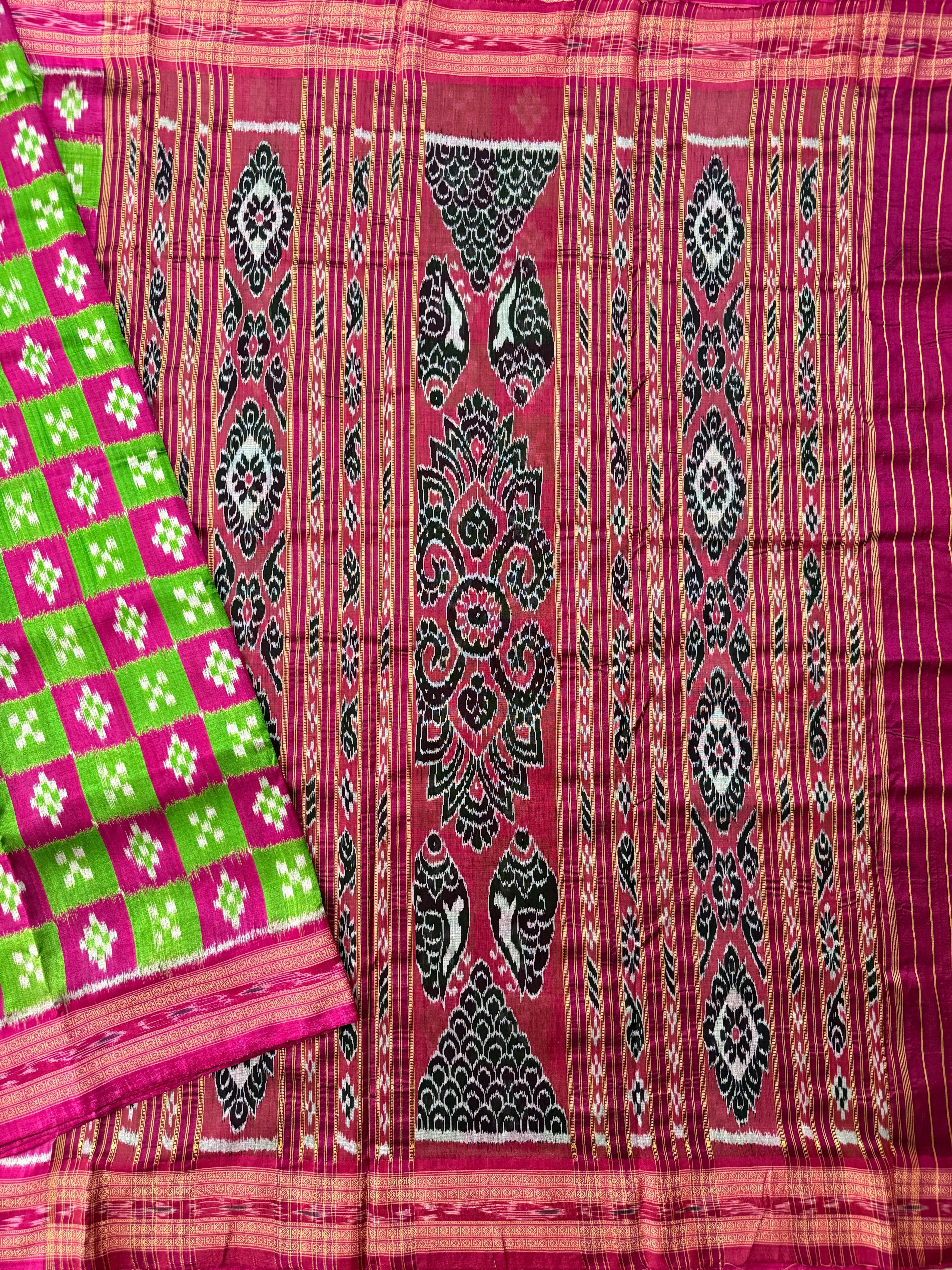 Pink and Green Pure Silk Handloom Khandua Patta Saree with Pasapalli Design