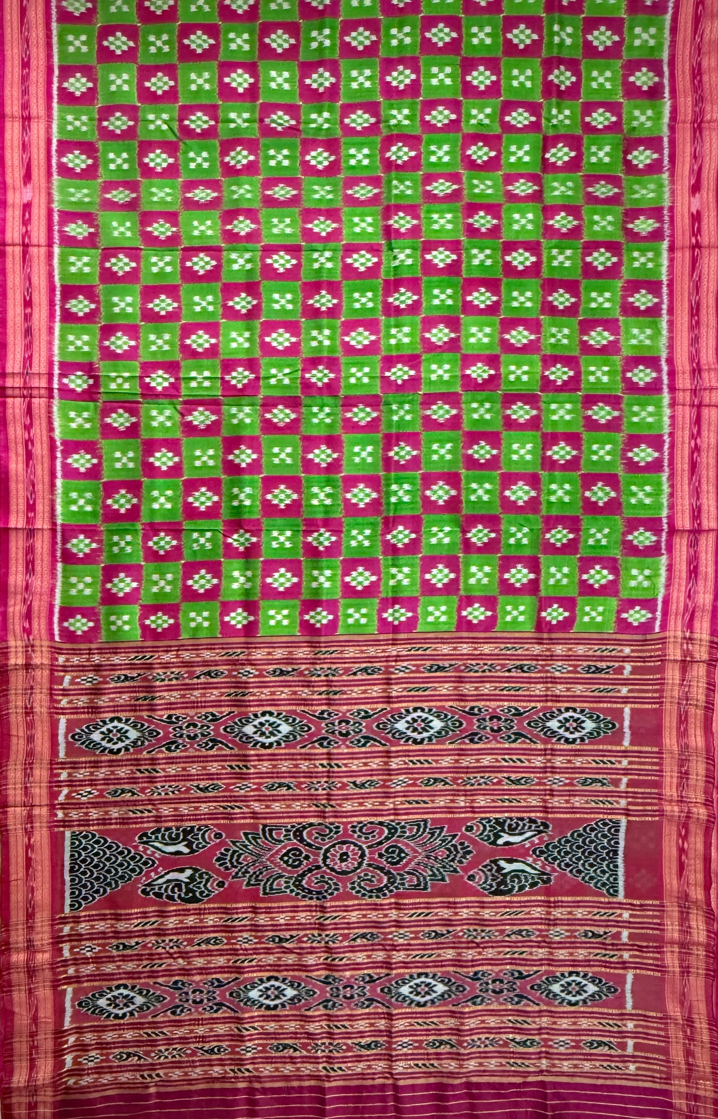 Pink and Green Pure Silk Handloom Khandua Patta Saree with Pasapalli Design