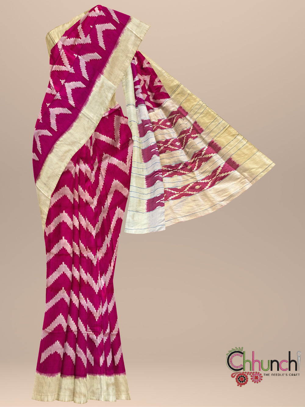 Pink and Off White Pochampally Pure Silk Handloom Saree in Ikkat Chevron Design