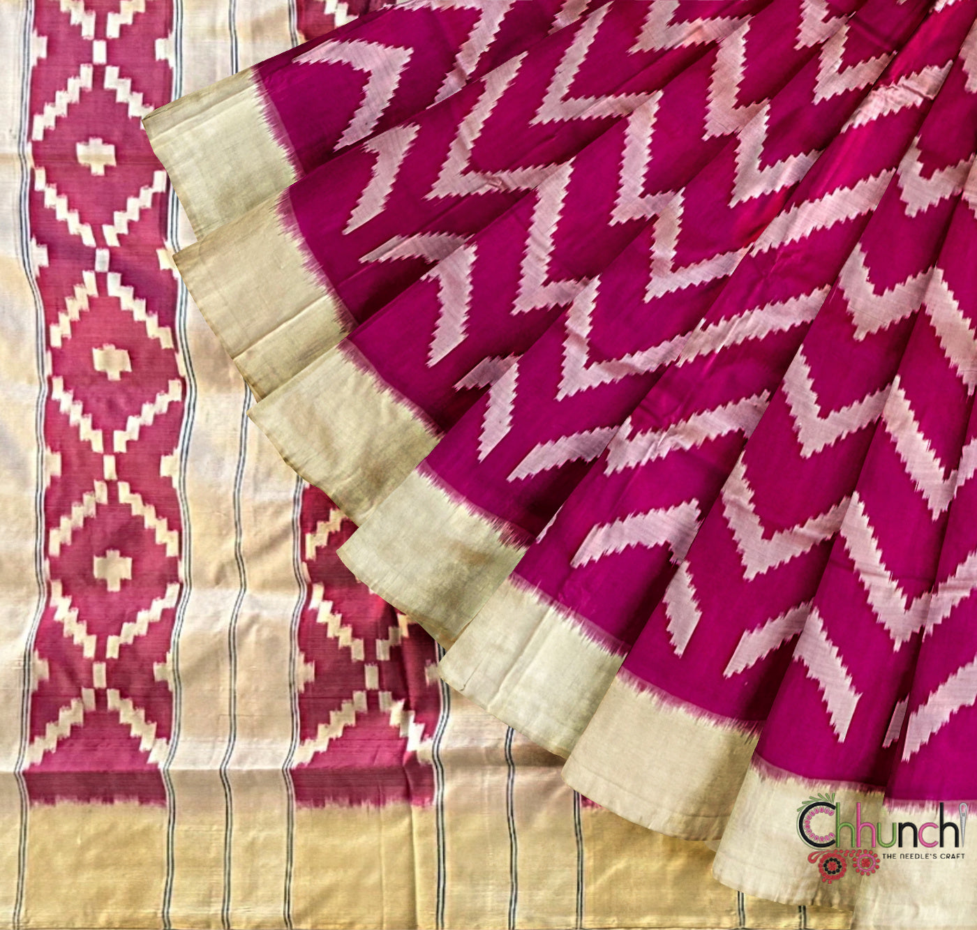 Pink and Off White Pochampally Pure Silk Handloom Saree in Ikkat Chevron Design