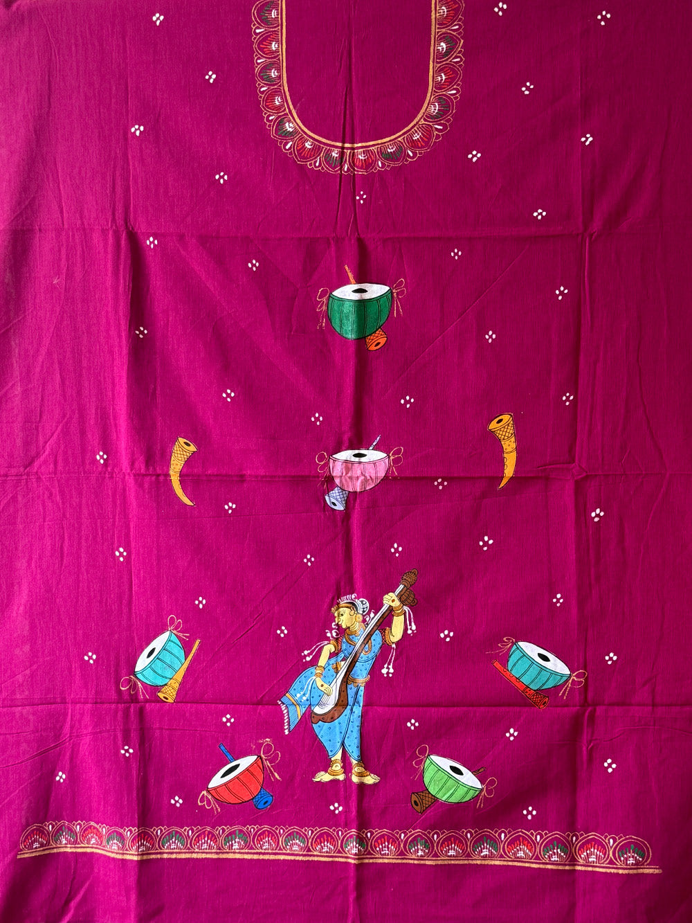 Pink and Teal Hand Painted Pattachitra Dress Material