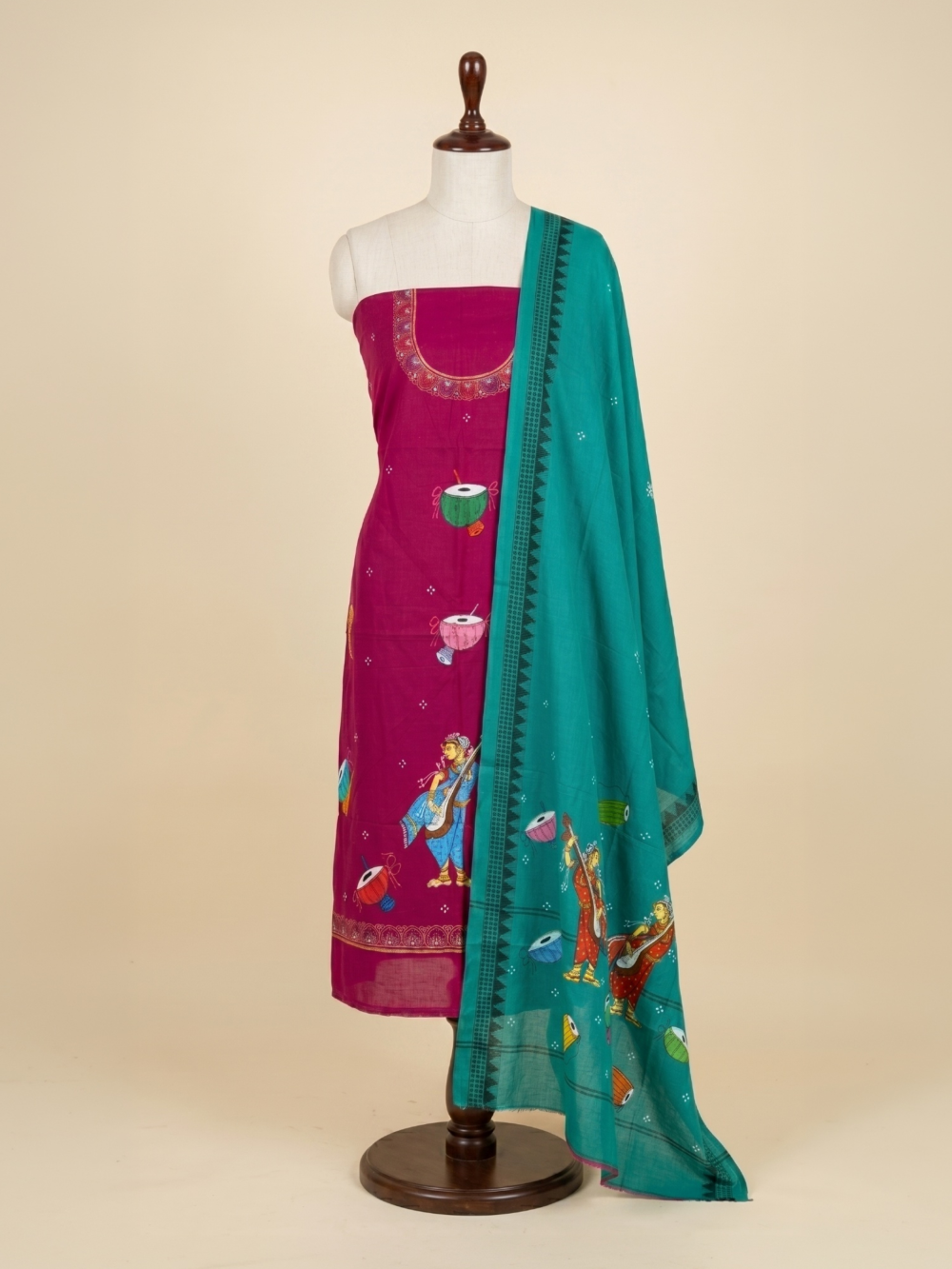 Pink and Teal Hand Painted Pattachitra Dress Material