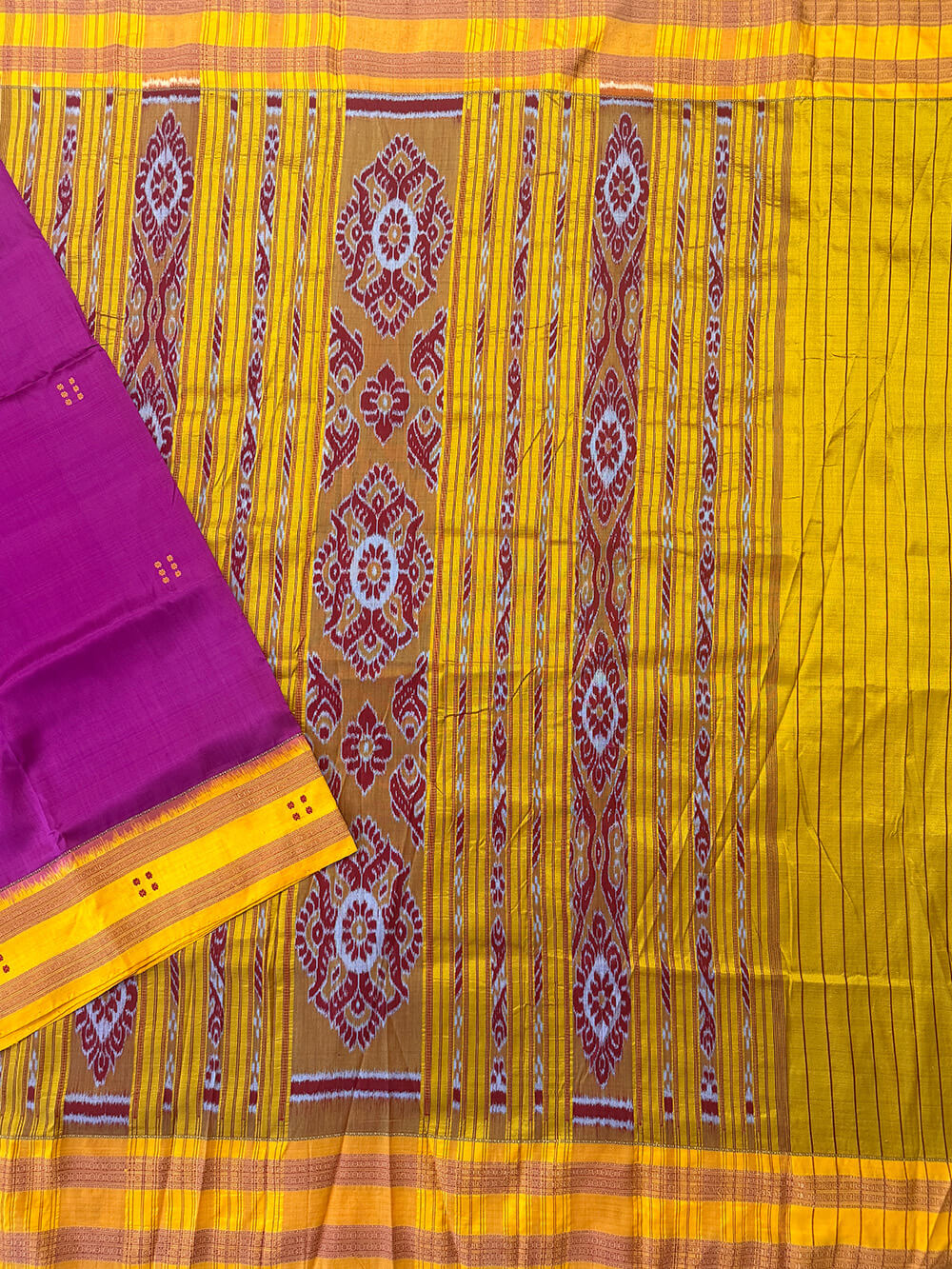 Pink and Yellow Pure Silk Handloom Khandua Patta Saree with Butti Motifs