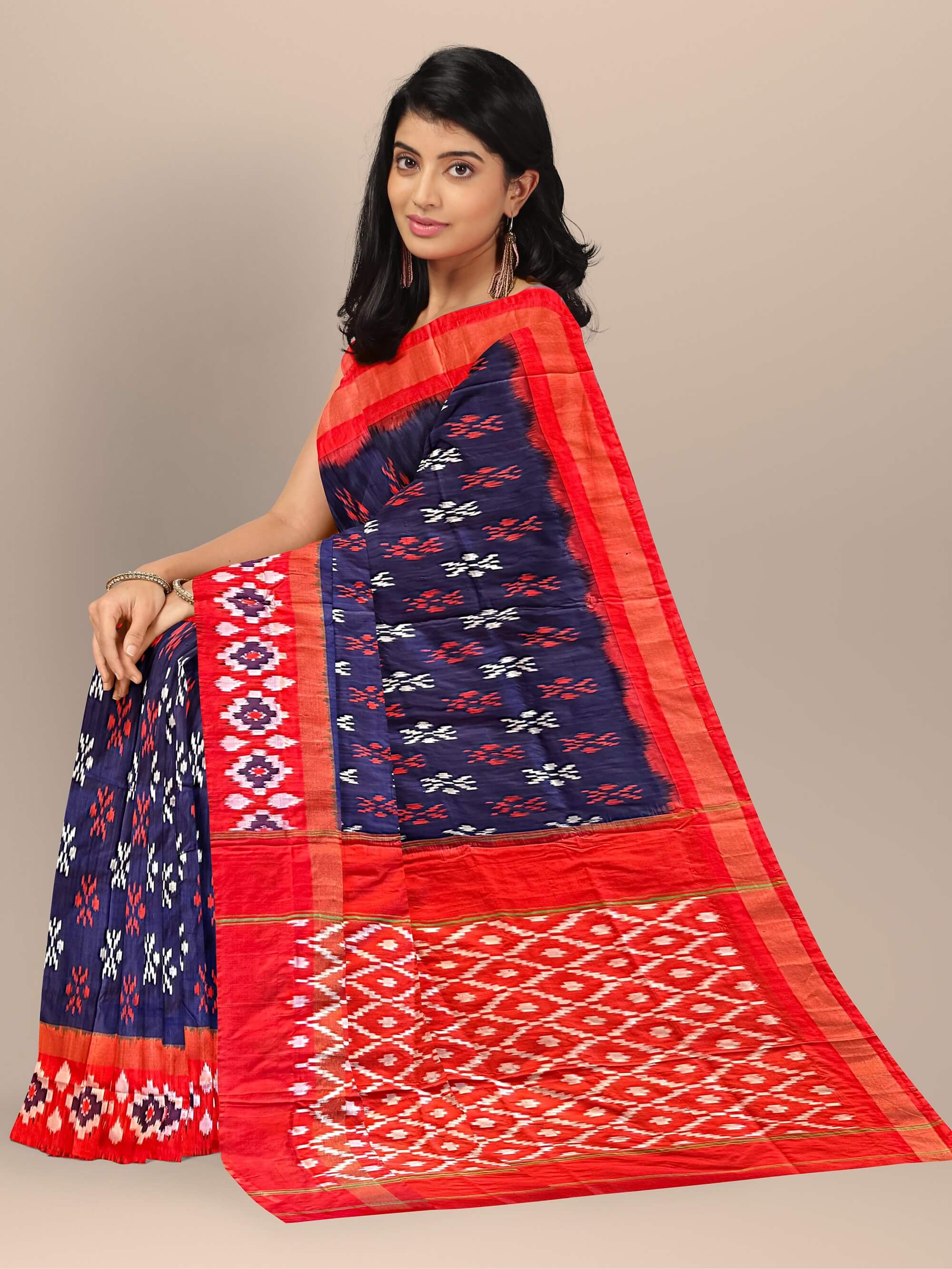 Navy Blue and Red Pochampally Pure Silk Handloom Saree in Ikkat Pattern