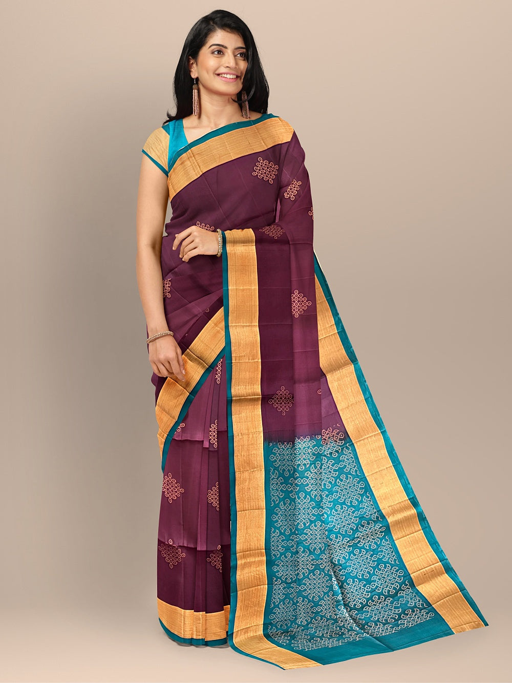 Purple and Teal Pure Soft Silk Handloom Saree
