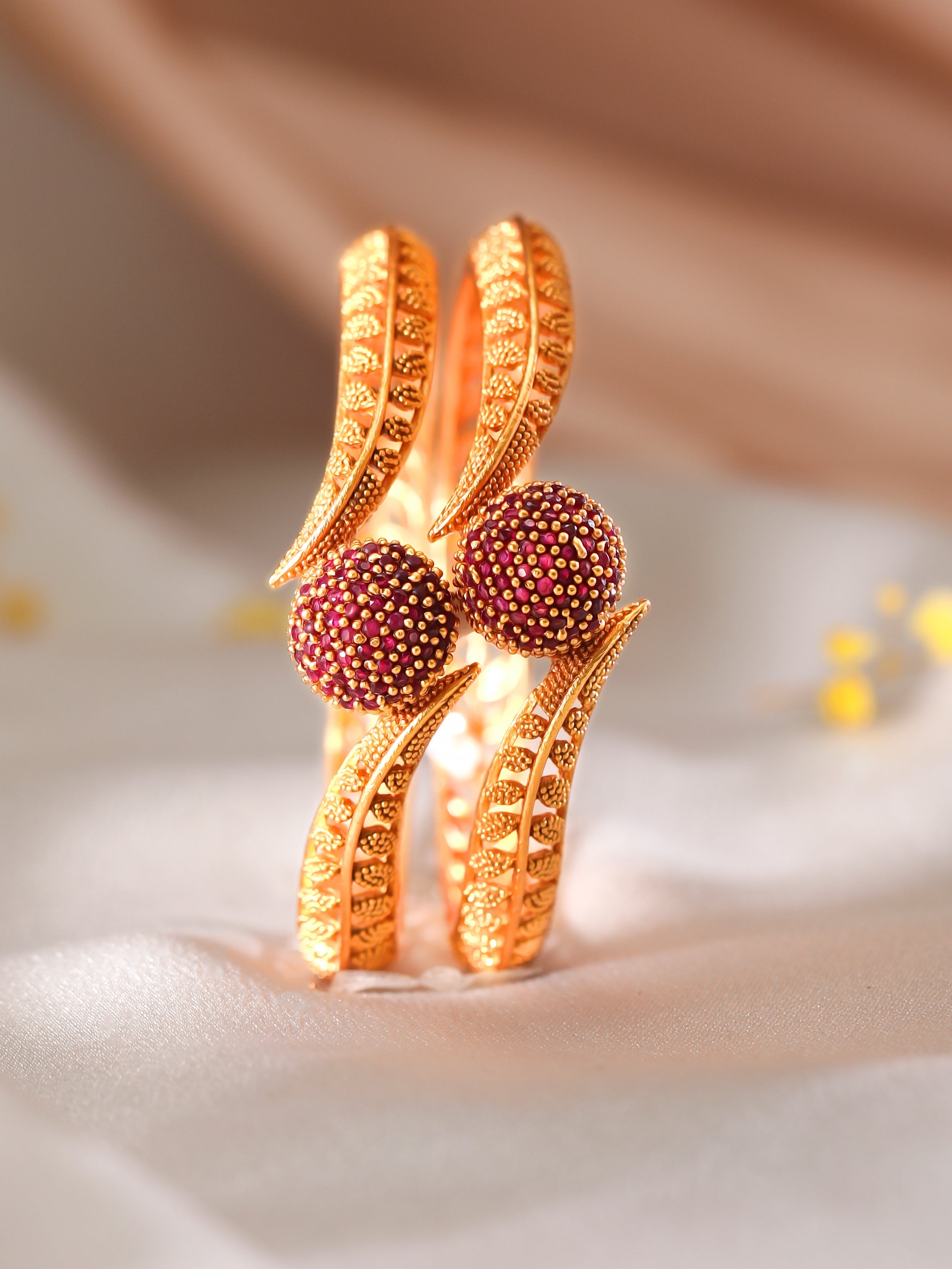 Wentra Set of 2 18K Gold Plated Ruby Studded Geru Polish Finish Traditional Bangles