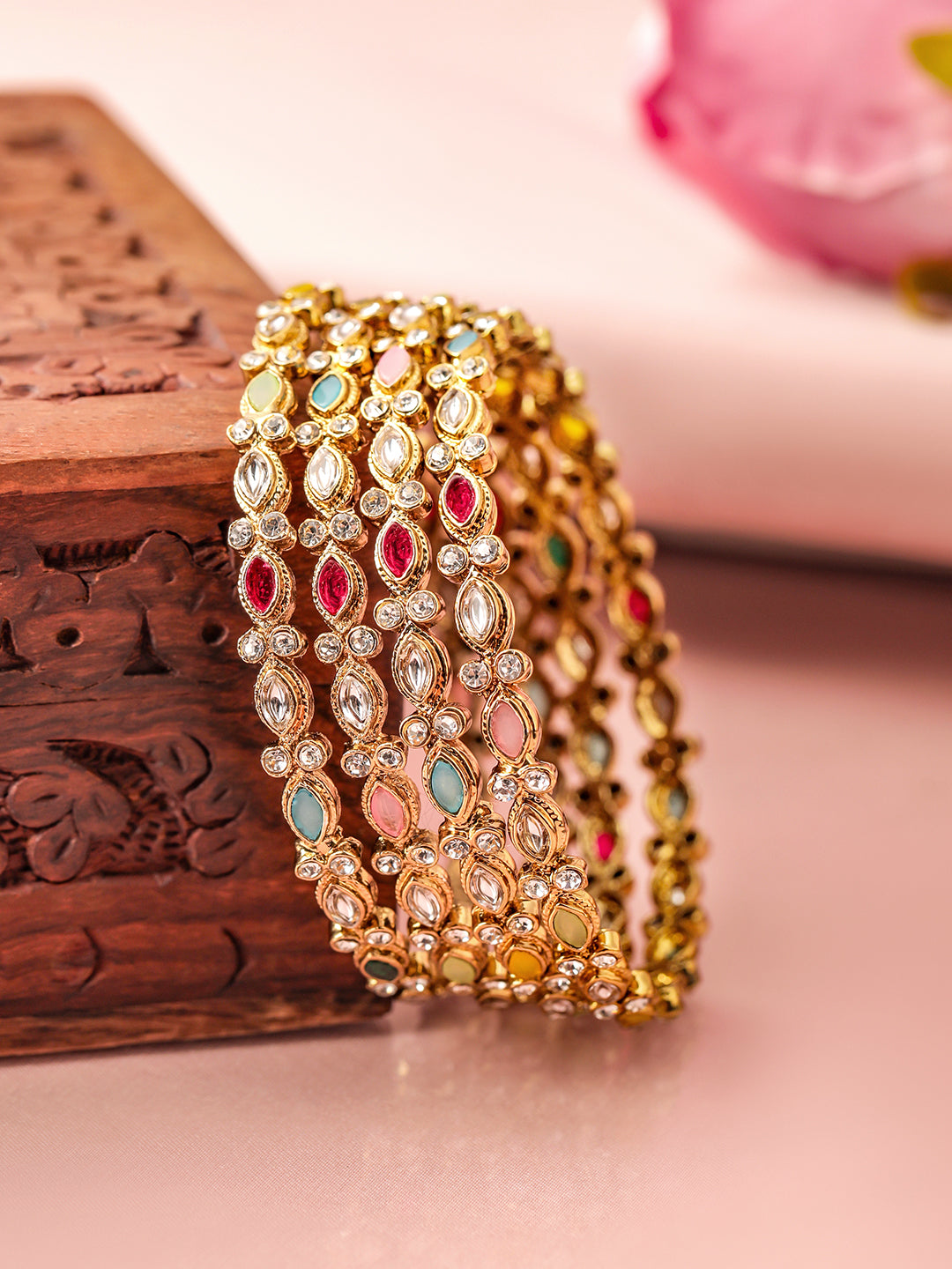 Wentra Set of 4 18K Mehandi Gold-Plated Multicolor Kundan & Gemstone Studded Bangles