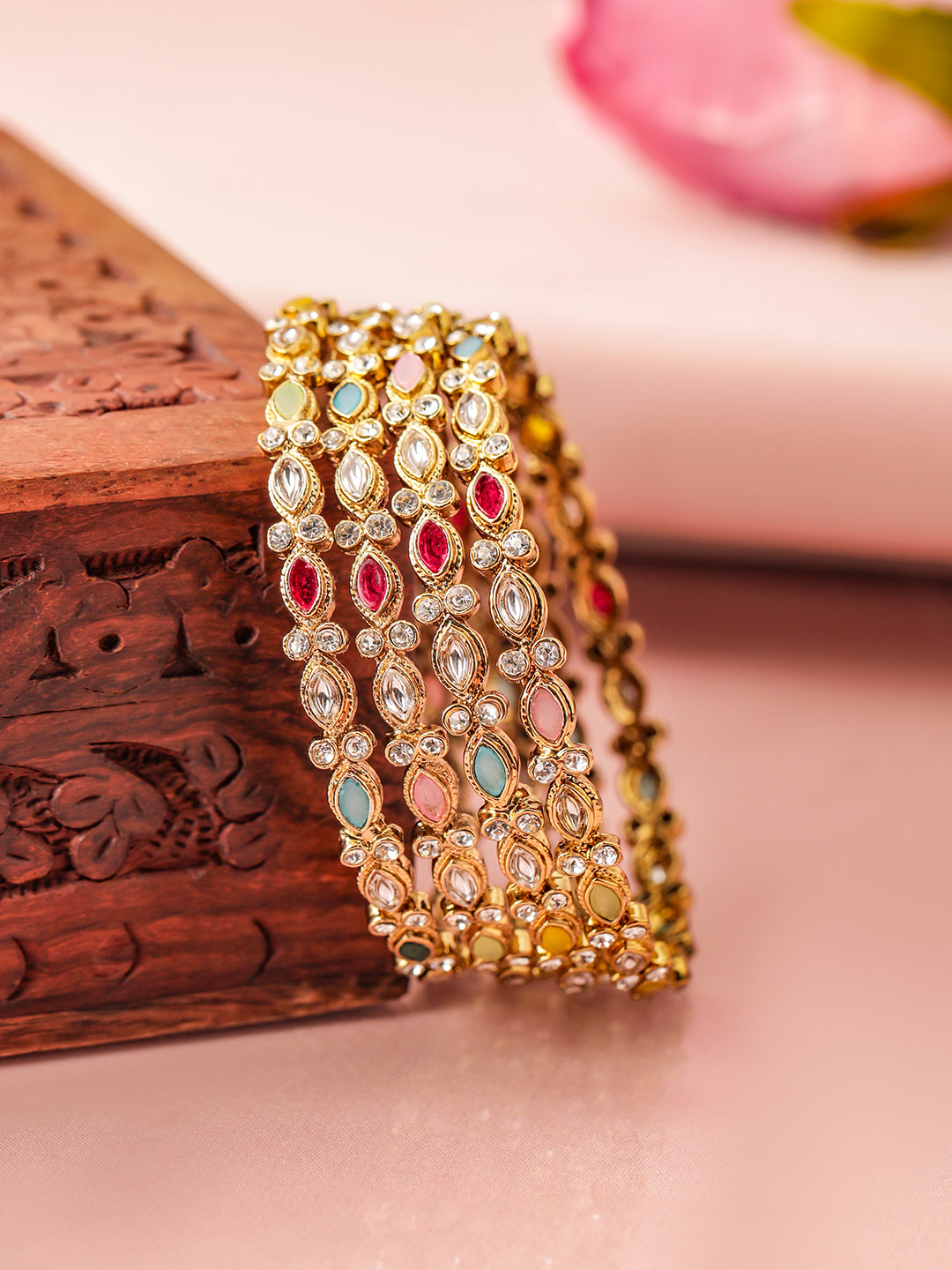 Wentra Set of 4 18K Mehandi Gold-Plated Multicolor Kundan & Gemstone Studded Bangles