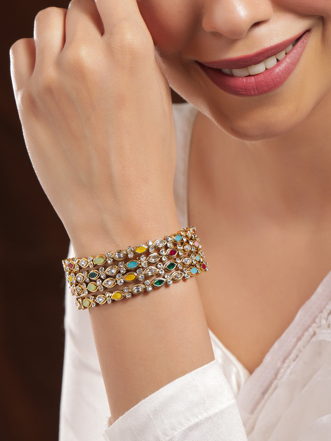 Wentra Set of 4 18K Mehandi Gold-Plated Multicolor Kundan & Gemstone Studded Bangles