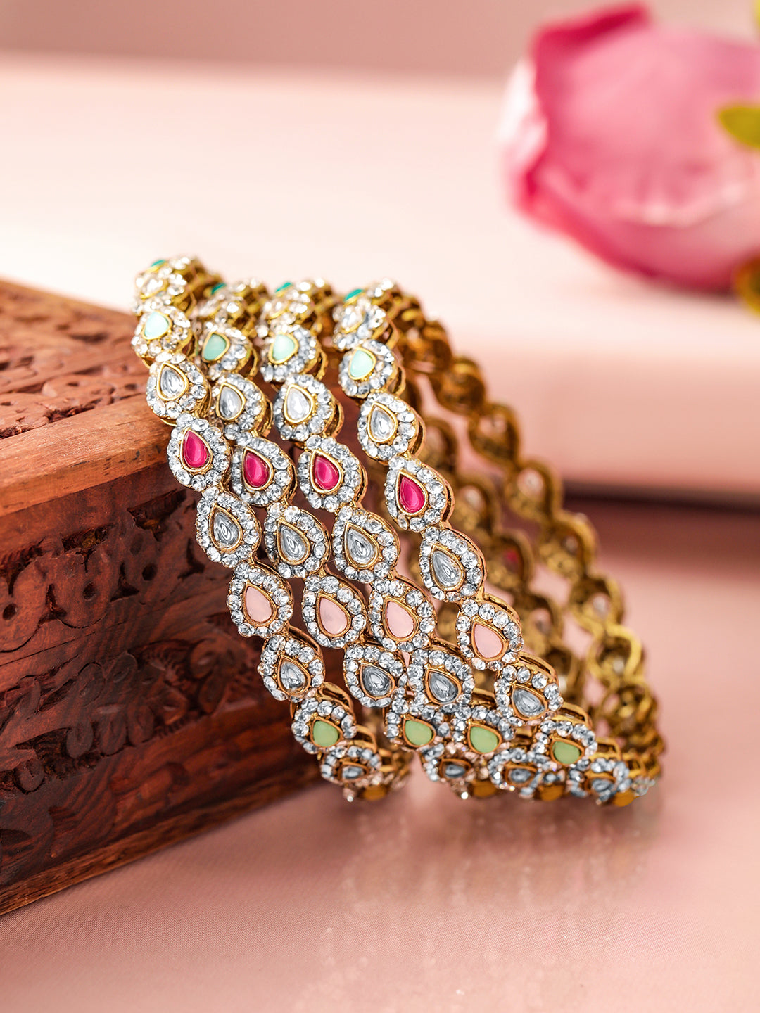 Wentra18K Mehandi Gold-Plated Multicolor Kundan and Cubic Zirconia Studed Bangles