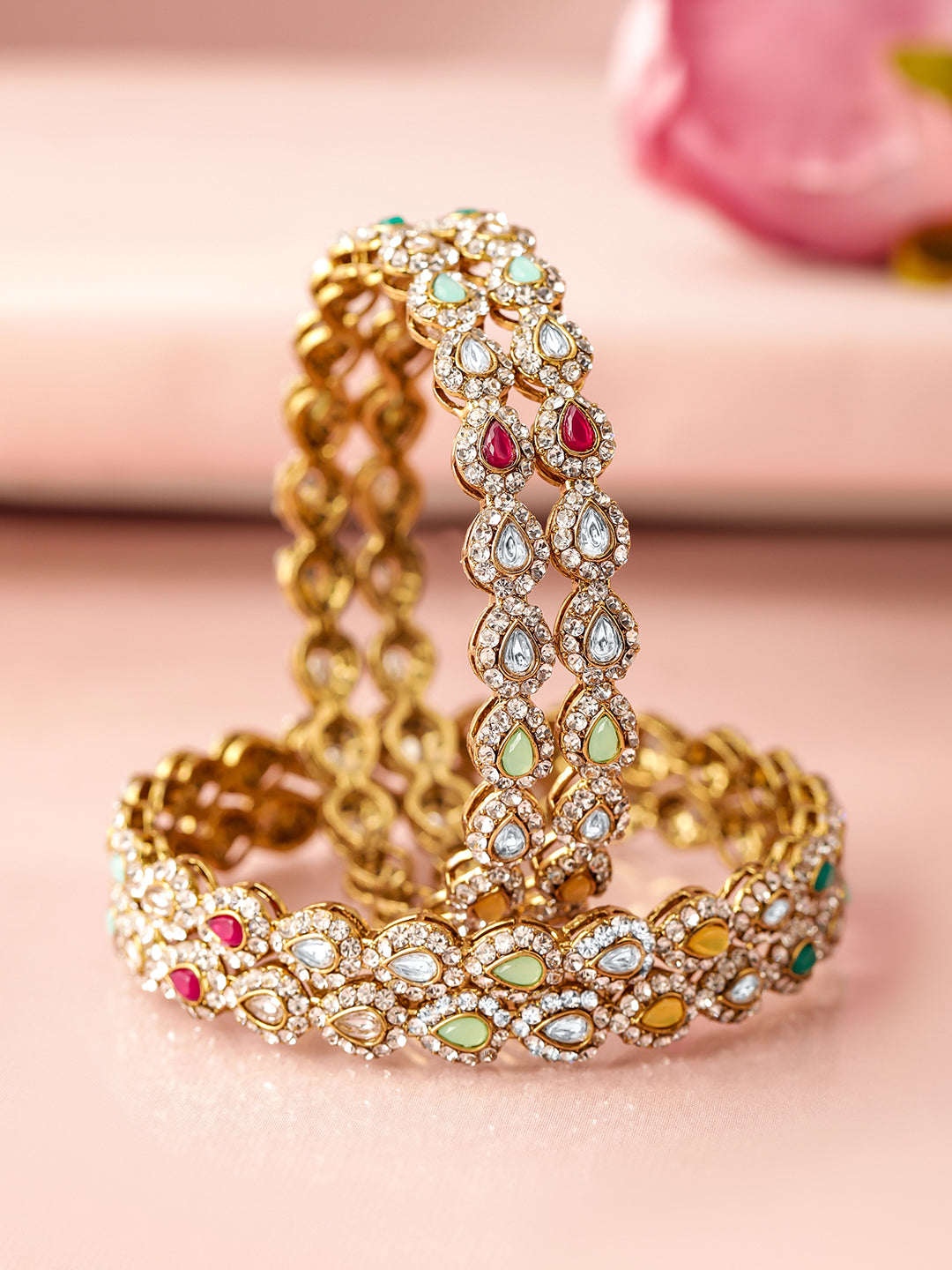 Wentra18K Mehandi Gold-Plated Multicolor Kundan and Cubic Zirconia Studed Bangles