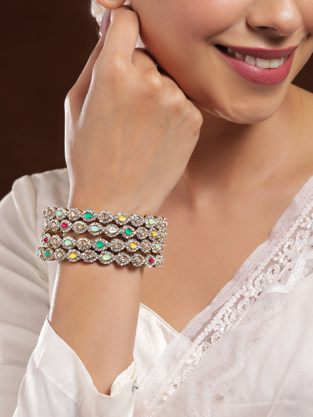 Wentra18K Mehandi Gold-Plated Multicolor Kundan and Cubic Zirconia Studed Bangles