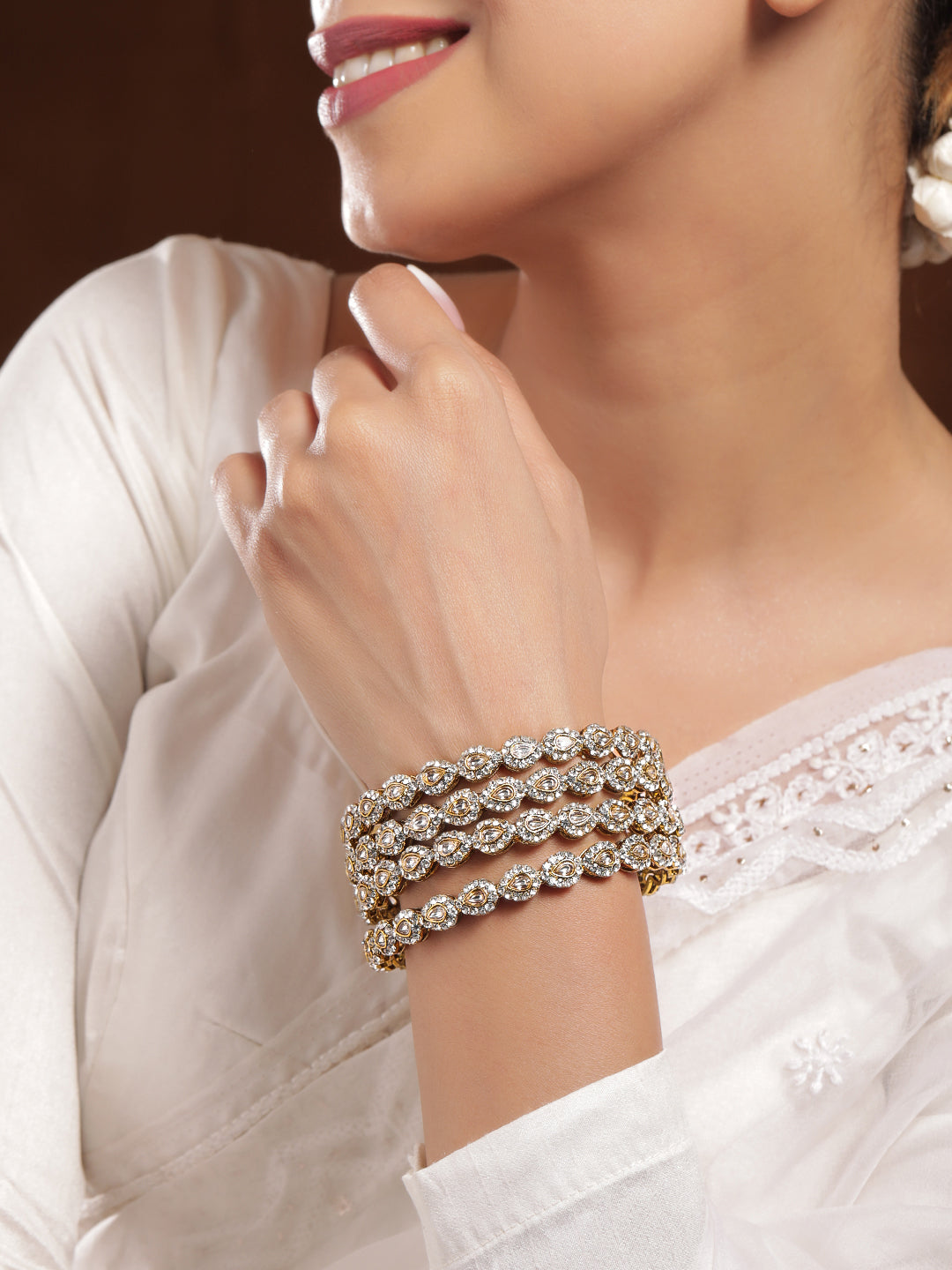 Wentra Set of 4 18K Mehandi Gold-Plated Kundan & Cubic Zirconia Studded Handcrafted Bangle