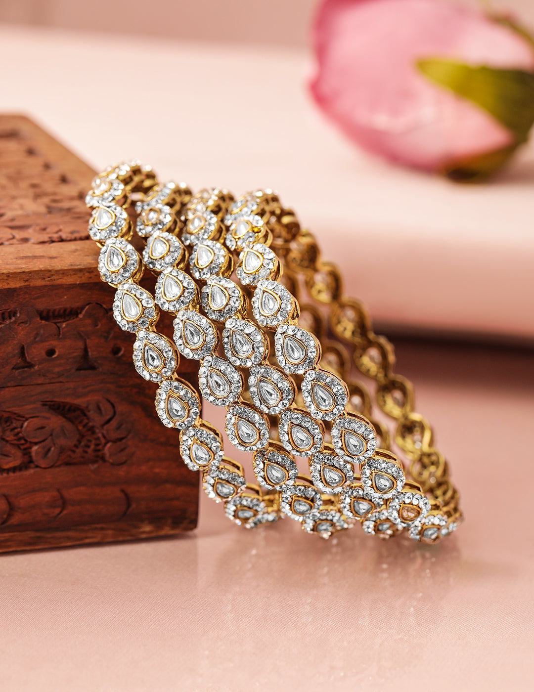 Wentra Set of 4 18K Mehandi Gold-Plated Kundan & Cubic Zirconia Studded Handcrafted Bangle